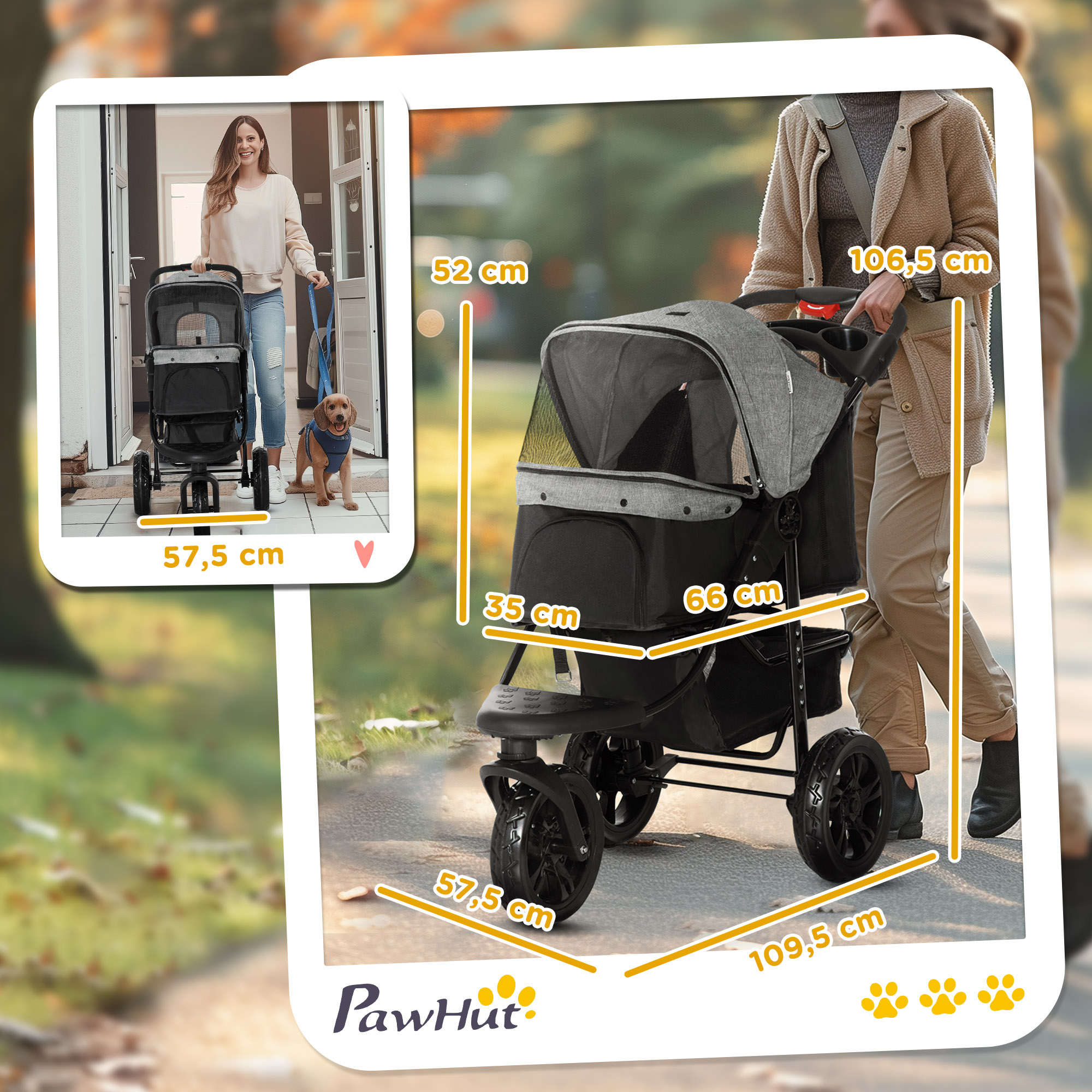 Hundewagen Hundebuggy Katzenbuggy Pet Stroller mit 3 Rädern klappbar Hunde Katze Oxford Grau+Schwarz 109,5 x 57,5 x 106,5 cm