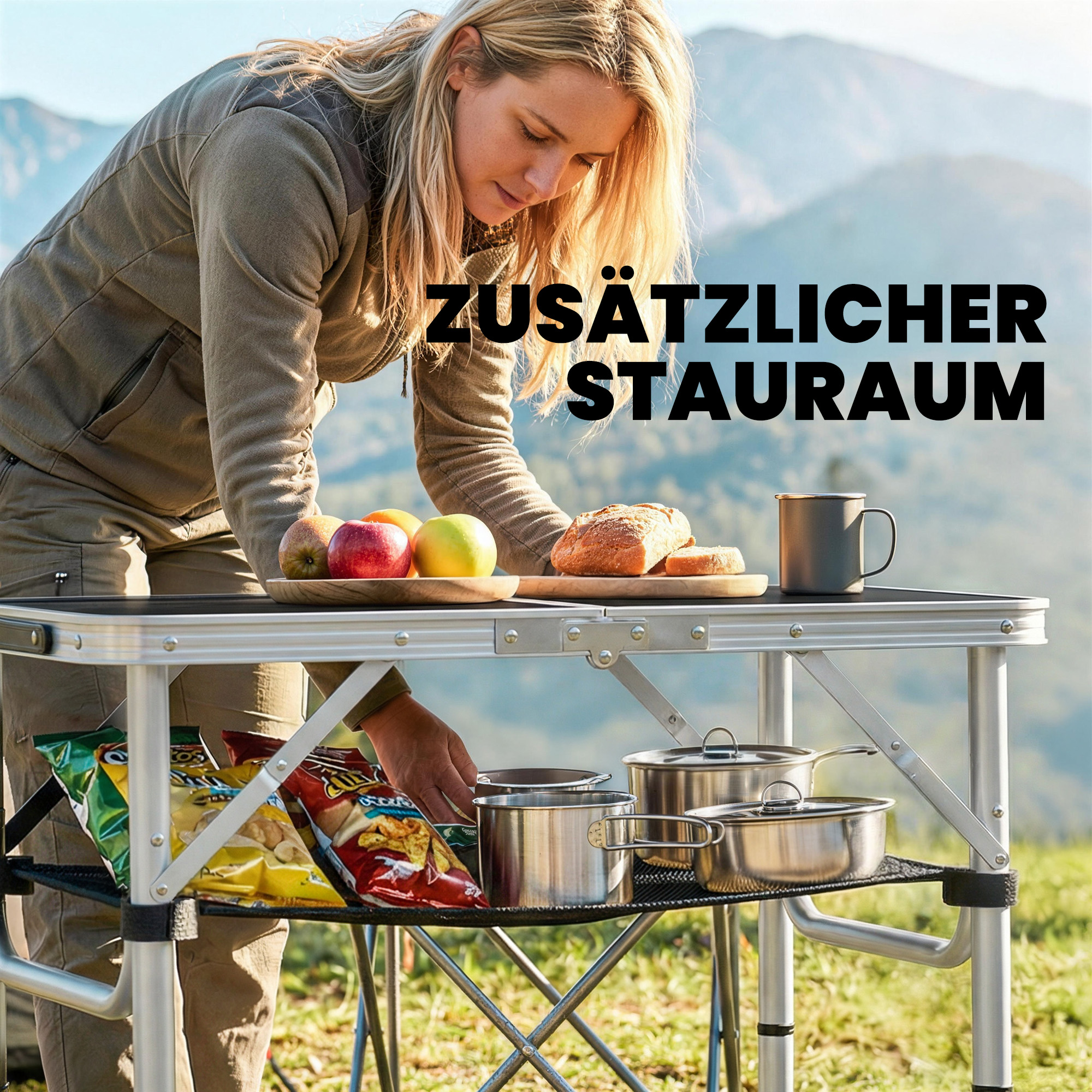 Campingtisch Klapptisch mit Netzfach, 4 Höhenverstellungen, Tragegriff Aluminium 60 x 40 x 26-60 cm Schwarz