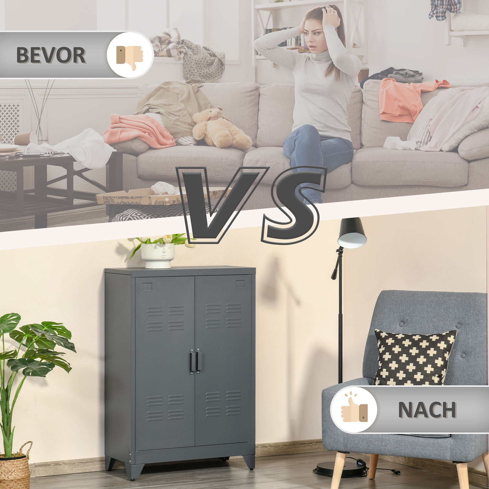 Aktenschrank mit Lamellentüren, Lagerschrank, Metallschrank mit 2 verstellbaren Einlegeböden, 75 x 33 x 110 cm, Grau