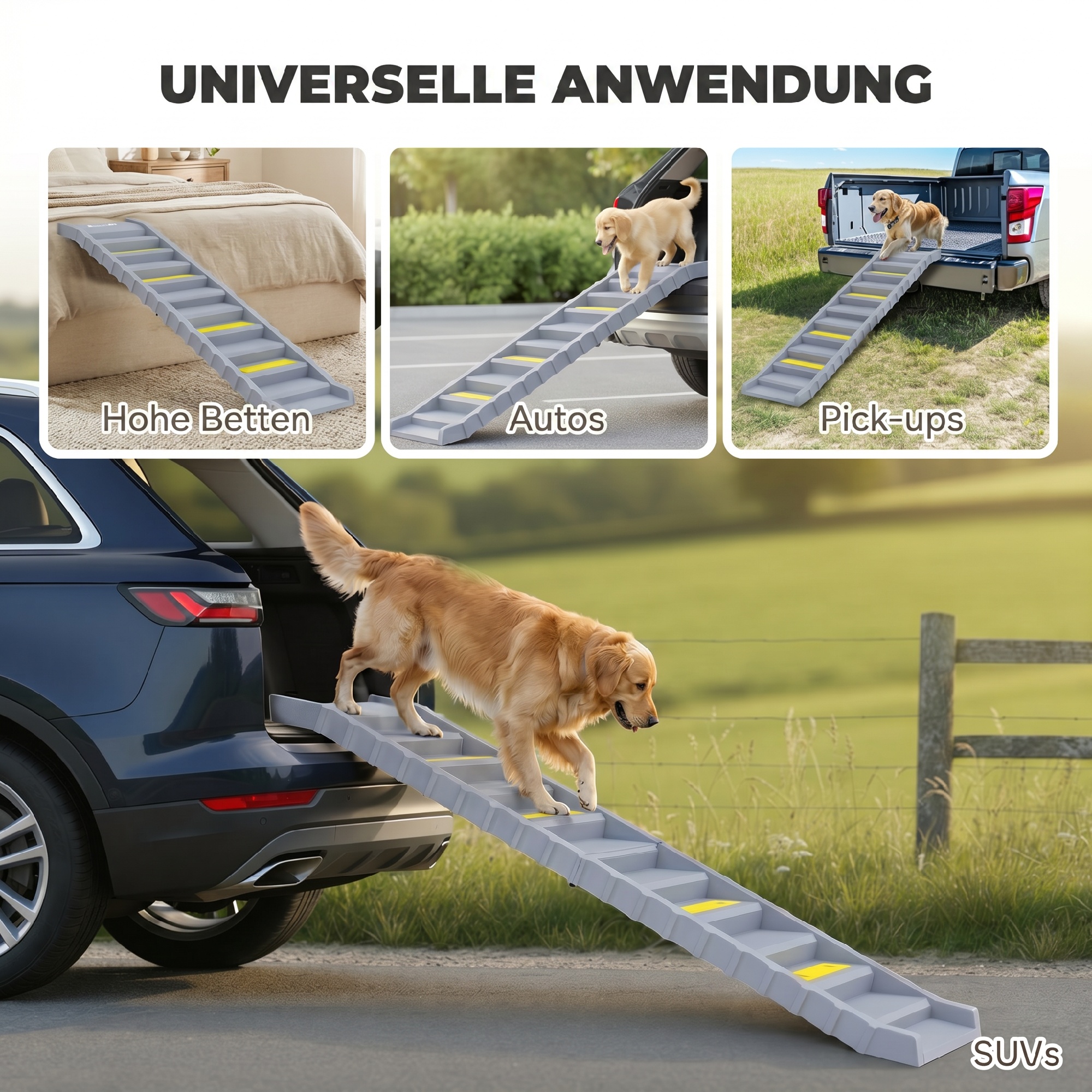 Hunderampe Auto klappbar Hundetreppe mit 10 Stufen Rutschfester Oberfläche, 154x40cm für groß Hunde bis 25kg