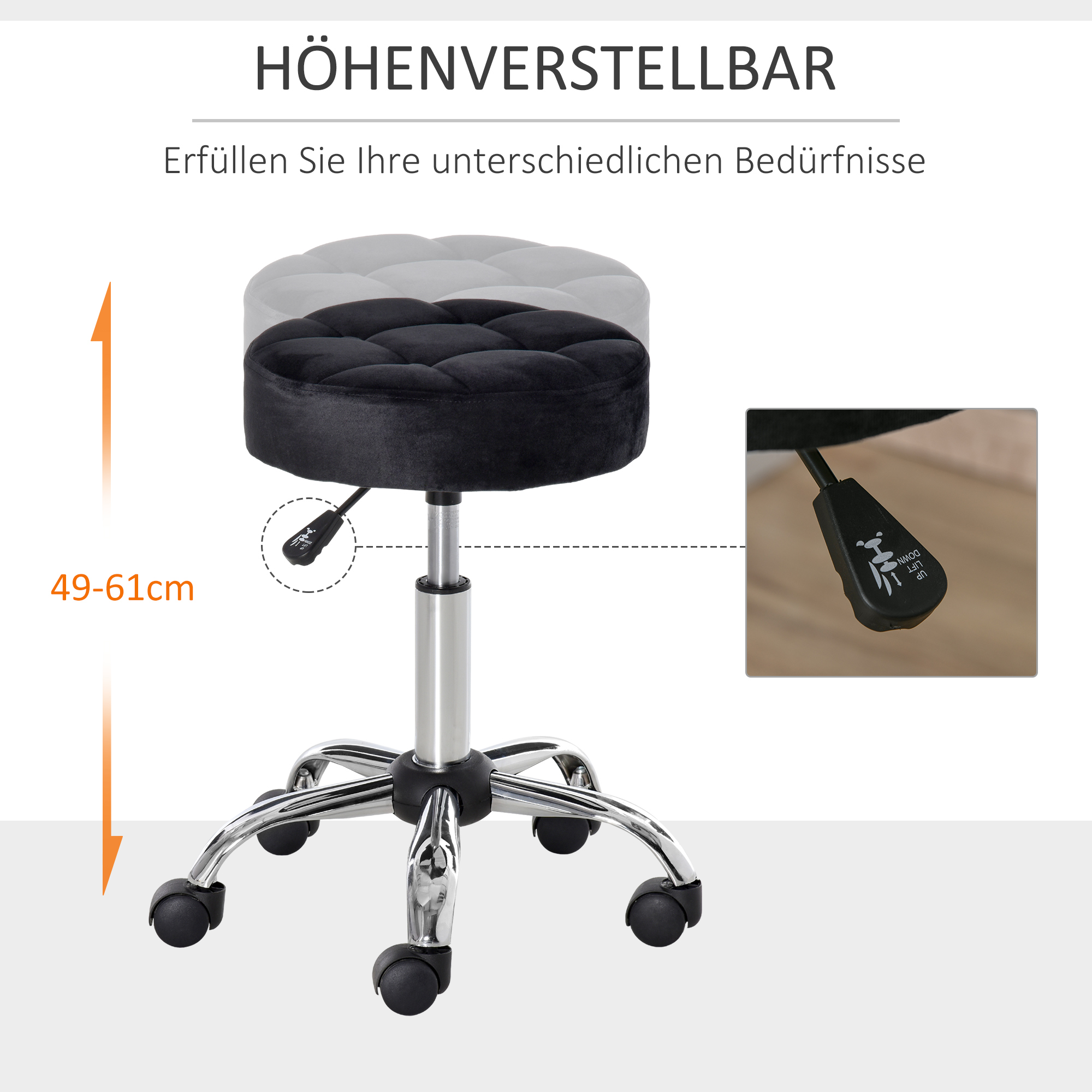 Salonhocker, höhenverstellbar, Bezug in Samtoptik, Ø35 x 49-61 cm, Schwarz