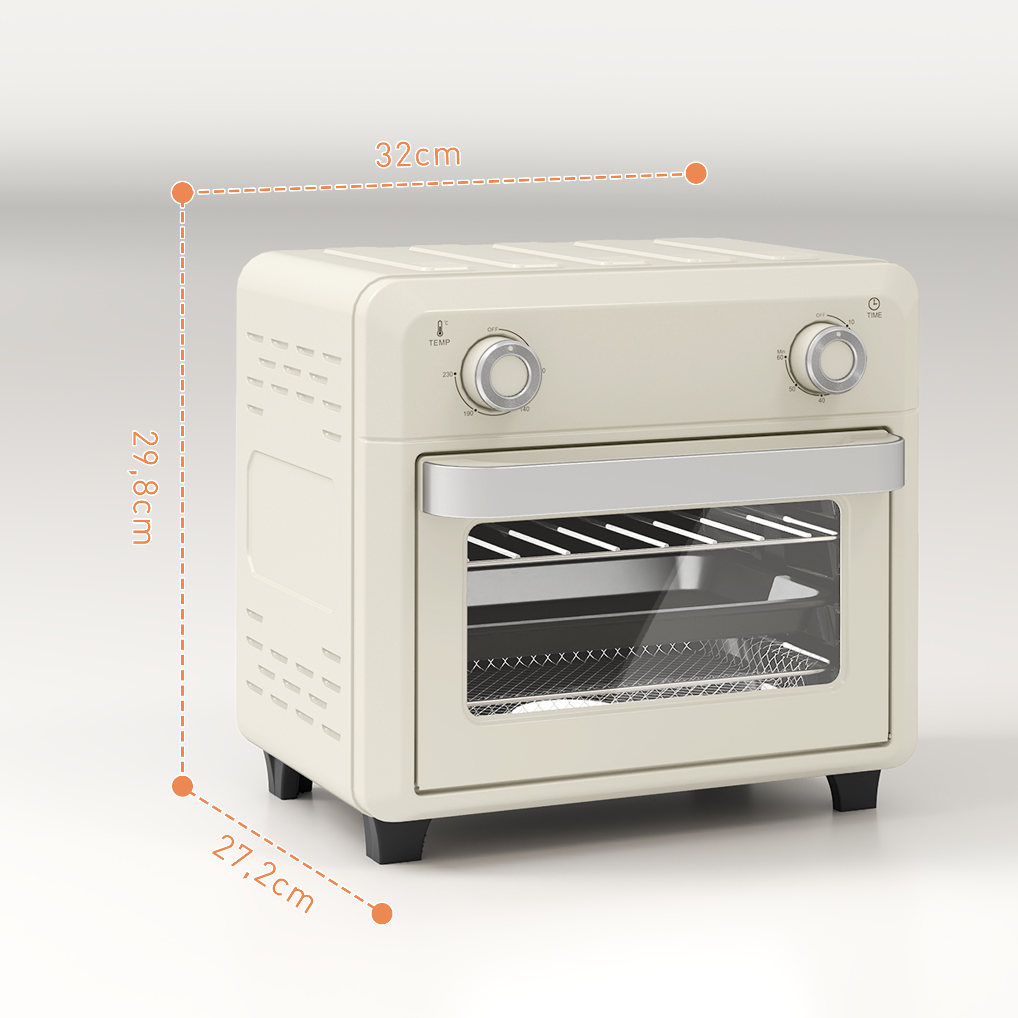 10L Heißluft-Ofen zum Grillen, Backen und Frittieren, Timer, 1000W, Spülmaschinenfest, Cremeweiß