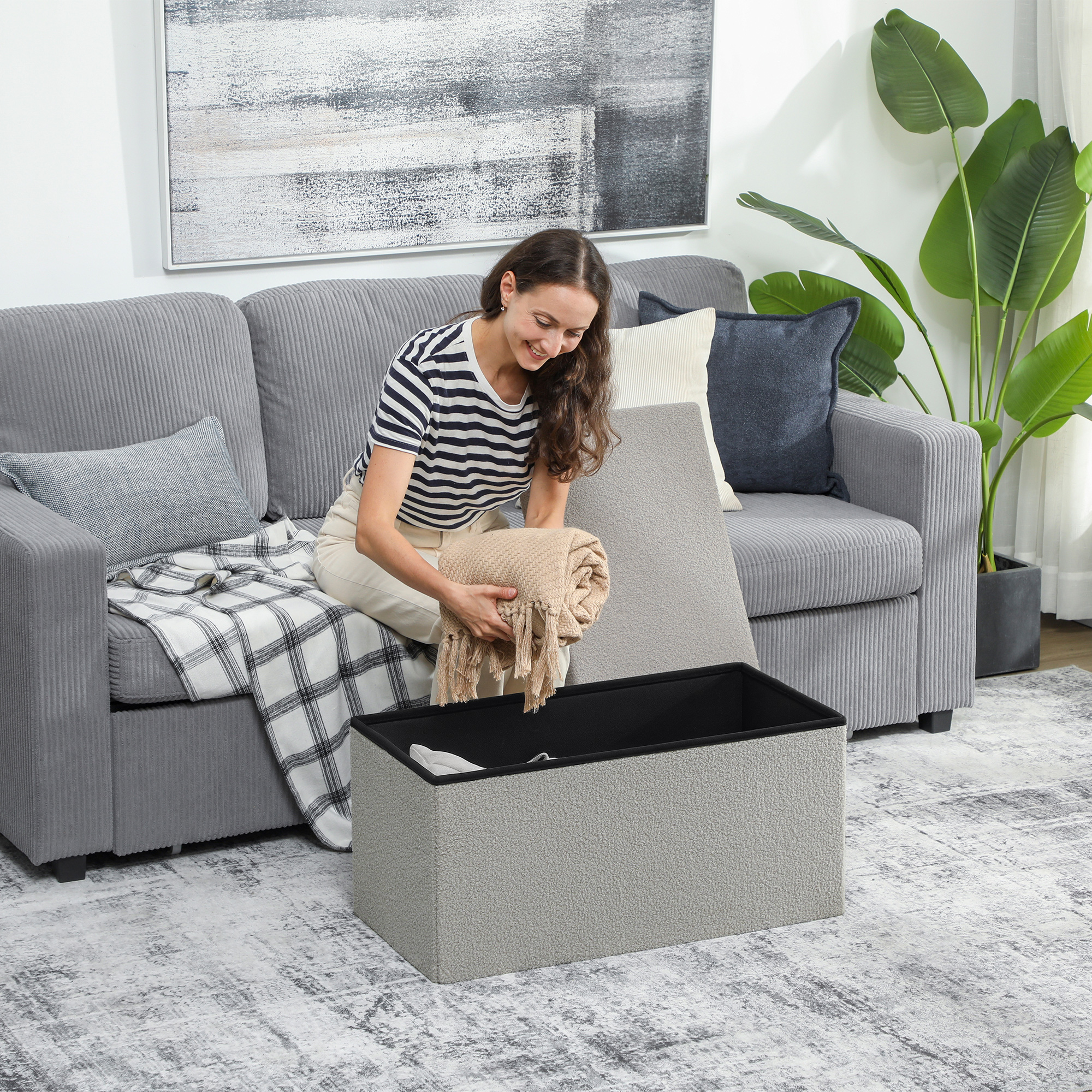 Aufbewahrungshocker, Polsterbank mit Stauraum und Deckel für Wohnzimmer, Schlafzimmer, Flur, Hellgrau