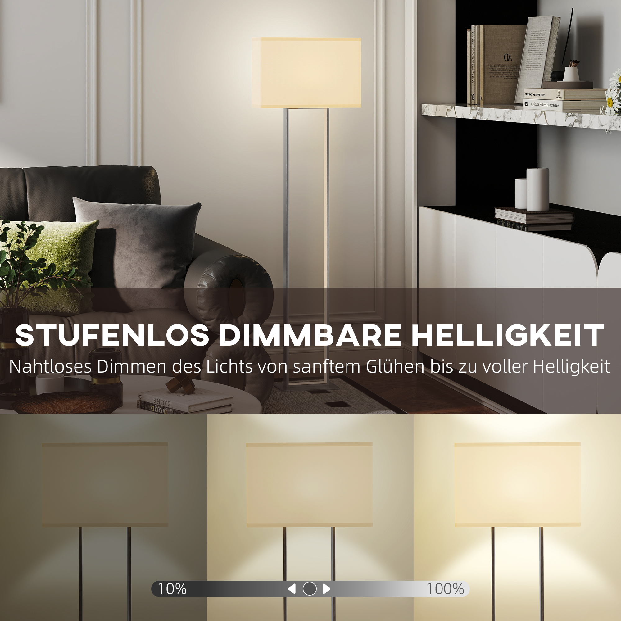 Moderne Stehlampe, 3 Modi, Fußschalter, verstellbare Helligkeit, Leinenoptik, Weiß