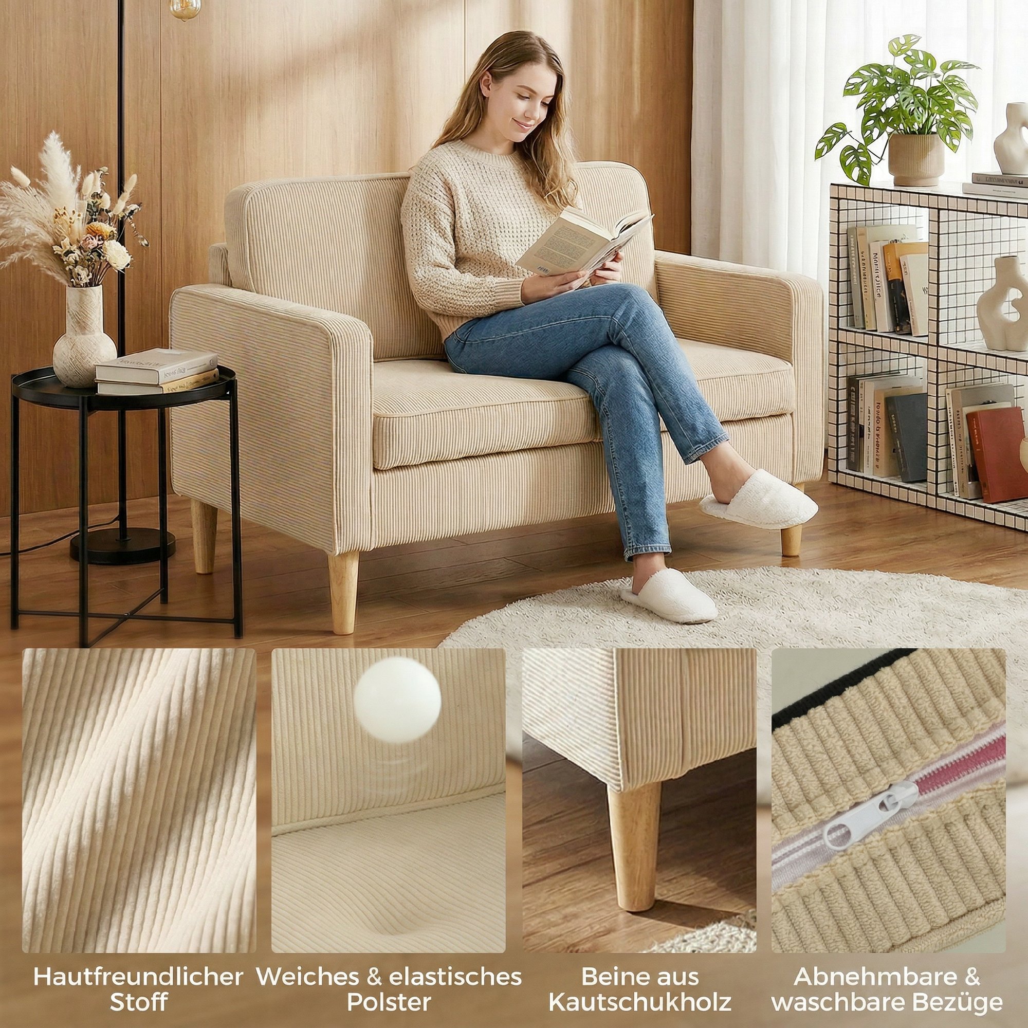 Sofa 2 Sitzer Couch mit 2 Wurfkissen, Stauraum Massivholzfüßen Kleine modern Loveseat Corduroy 117 x 63 x 79 cm Beige
