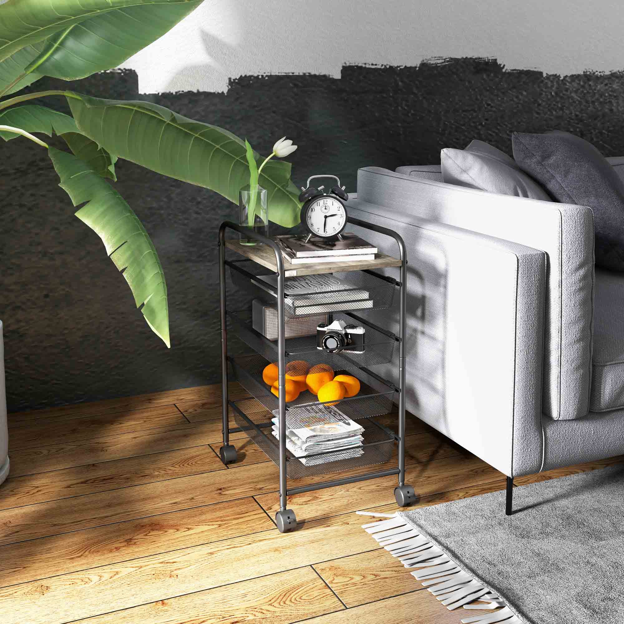 Rollwagen mit 4 Körben, Küchenwagen, 4 Räder mit 2 Bremsen, Allzweckwagen, Schwarz, 41,5 x 31 x 66 cm