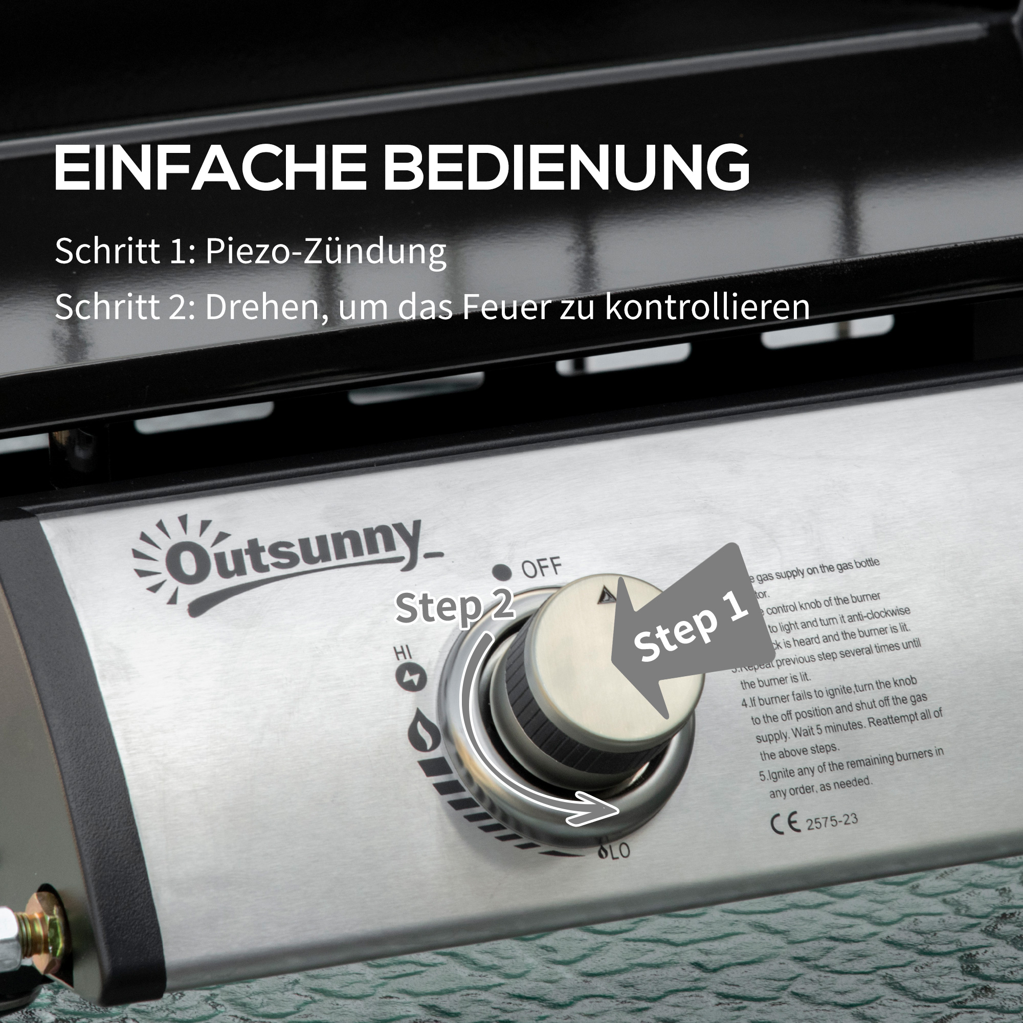 Gasgrill mit 2 Brennern, Schlauch, Antihaft-Grillplatte, Edelstahl, Farbe: Silber, 48,5 x 48 x 21 cm