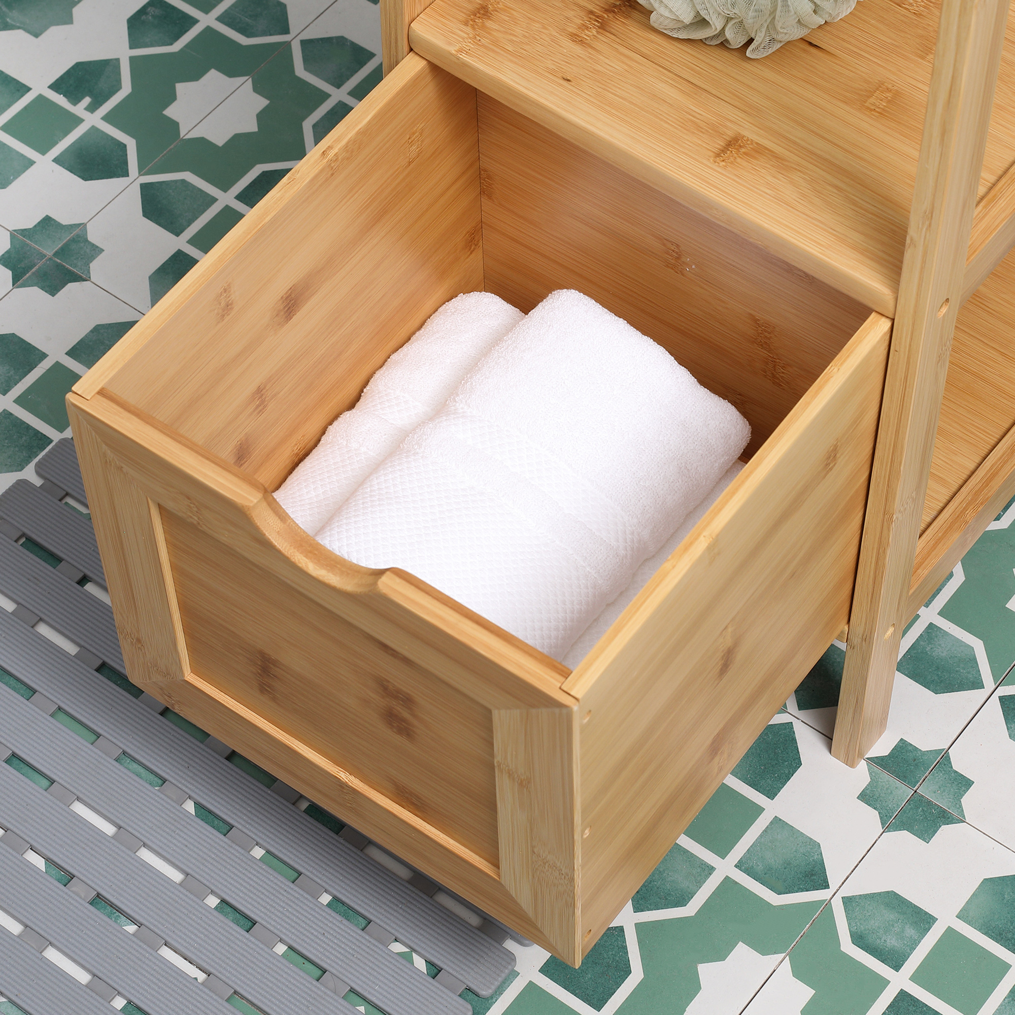 Badezimmerschrank, 3 Regale, 2 Schubladen, Bambus, 30 cm x 30 cm x 140 cm, Natur