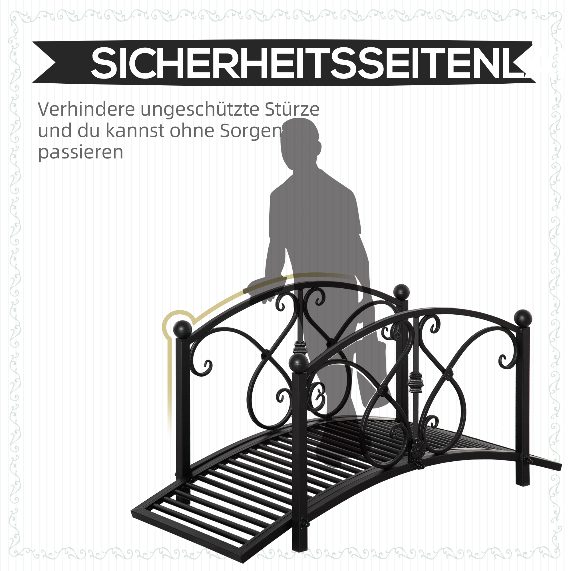 Gartenbrücke, Teichbrücke mit Sicherheitsgeländer, Zierbrücke bis 100 kg belastbar, 102 x 48 x 49 cm Schwarz