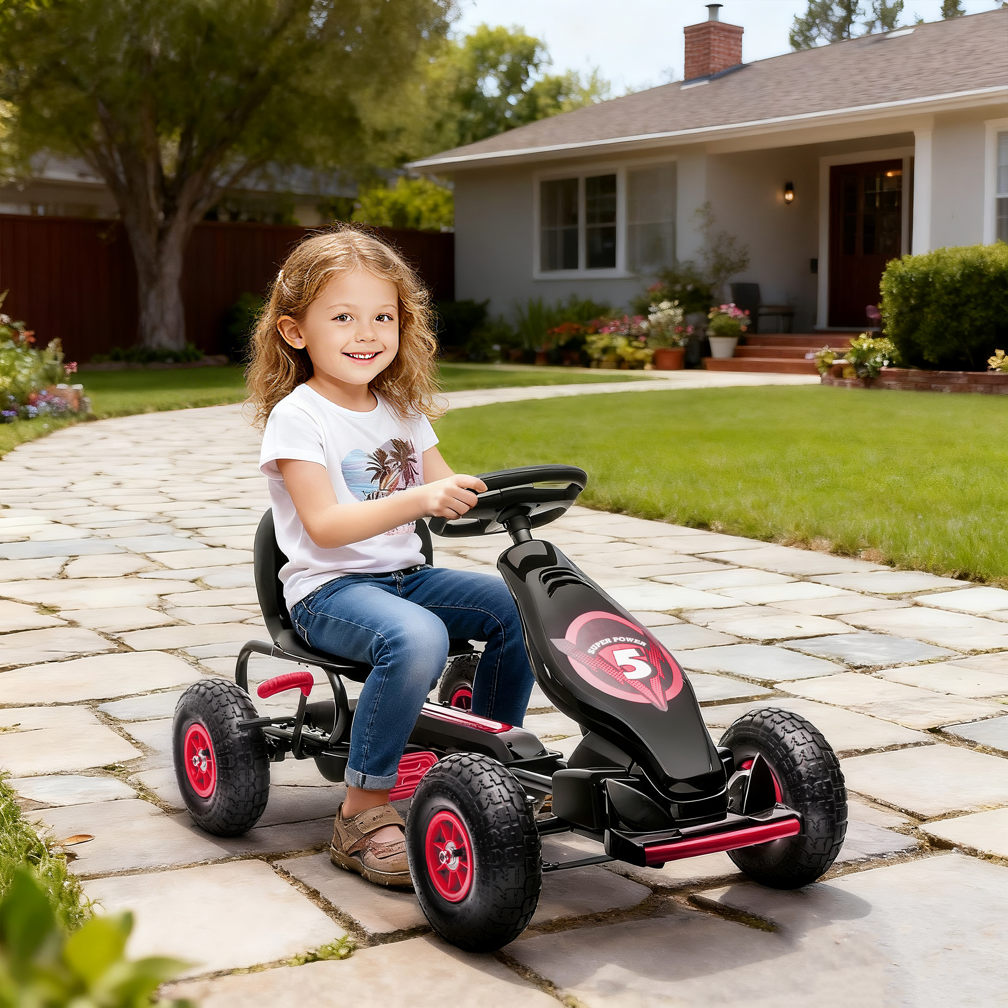 Kinder-Gokart, mit Pedalen, verstellbarem Sitz, In- und Outdoor, ab 5 Jahren, Rot+schwarz, 121 x 58 x 61 cm