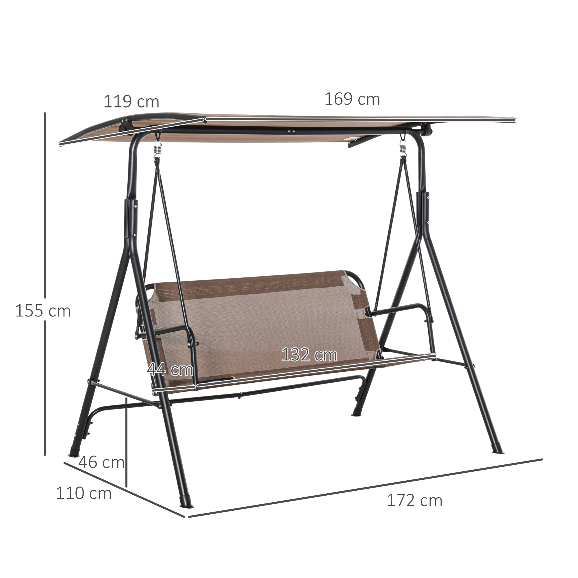 2-Sitzer Hollywoodschaukel Outdoor Gartenliege UV-beständig Hochwertiges Metallrohr winkeleinstellbar Braun