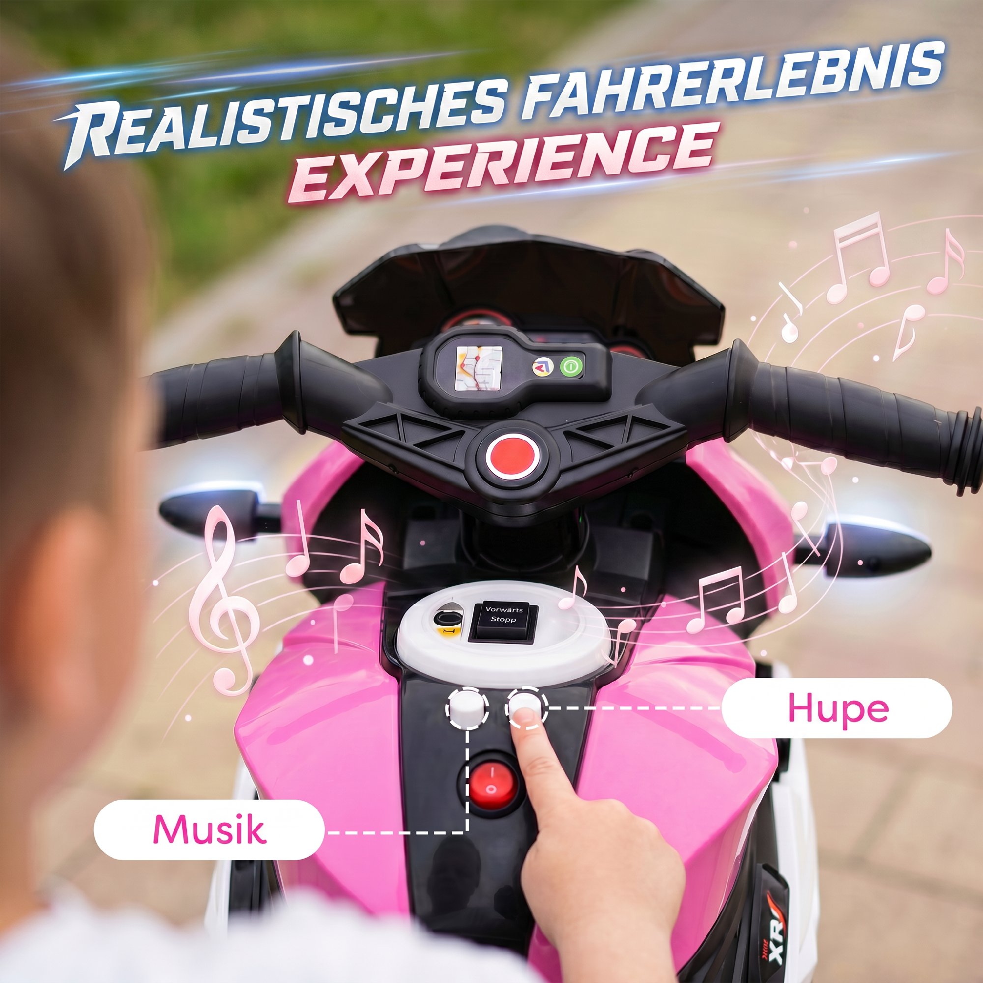 Elektro-Kindermotorrad, Lichter & Geräusche, 3 km/h, wiederaufladbar, Kunststoff & Metall, Rosa/Weiß