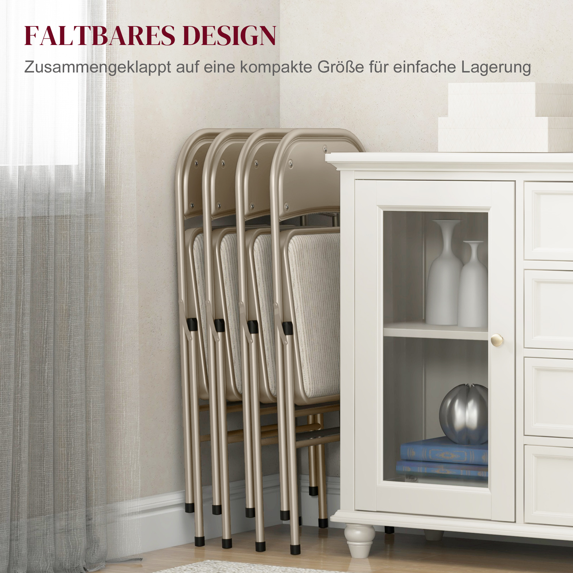 4er-Set Klappstühle, Tragbare Bürostühle, Stahlbeine, Faltstuhl für Büro, Empfang, Wartezimmer, Leinenoptik Beige