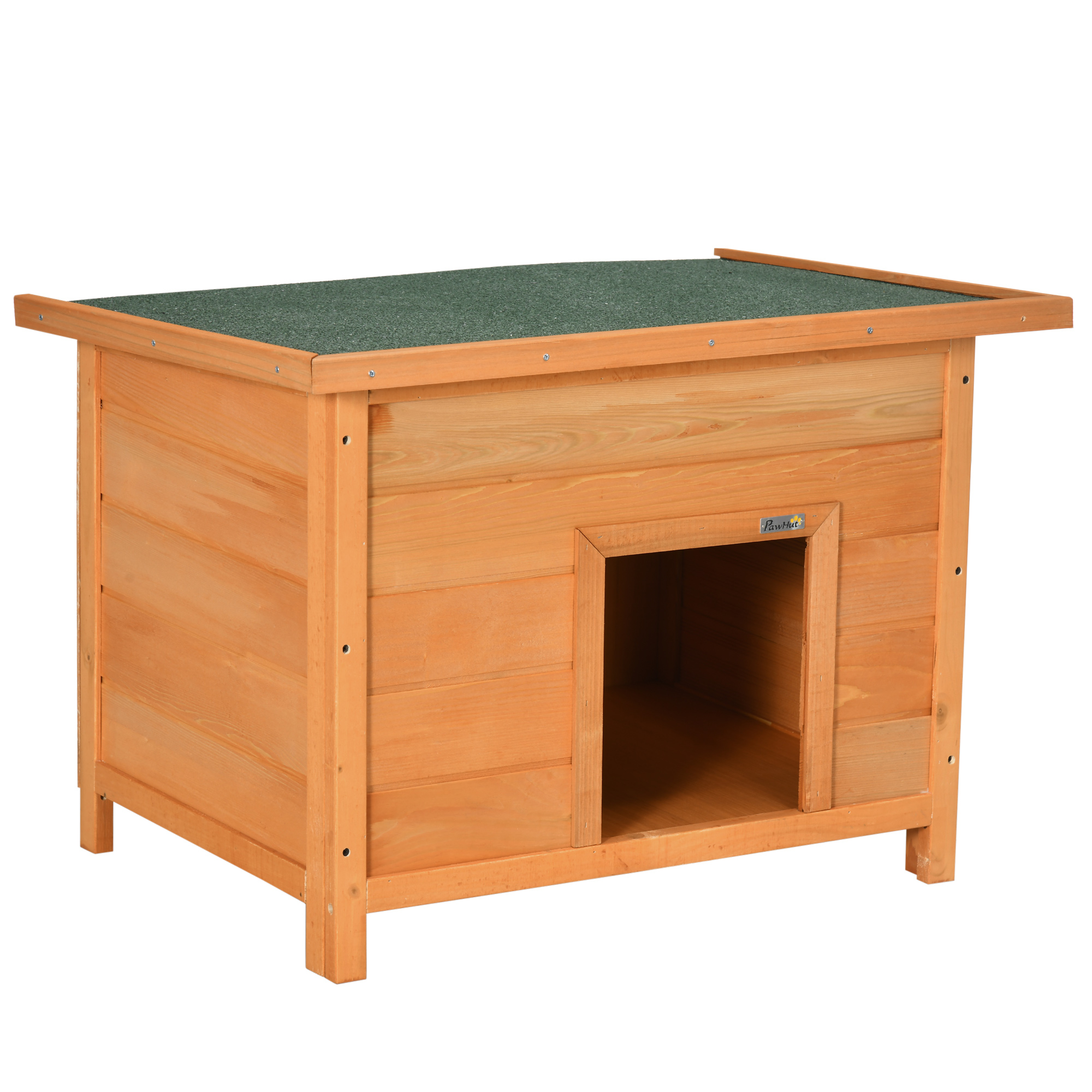 Hundehütte Outdoor, Hundehaus aus Holz mit Aufklappbares Asphaltdach, Wasserdichte Hundehöhle mit erhöhter Boden Hütte für kleine Hunde, Gelb, 82 x 58 x 58 cm