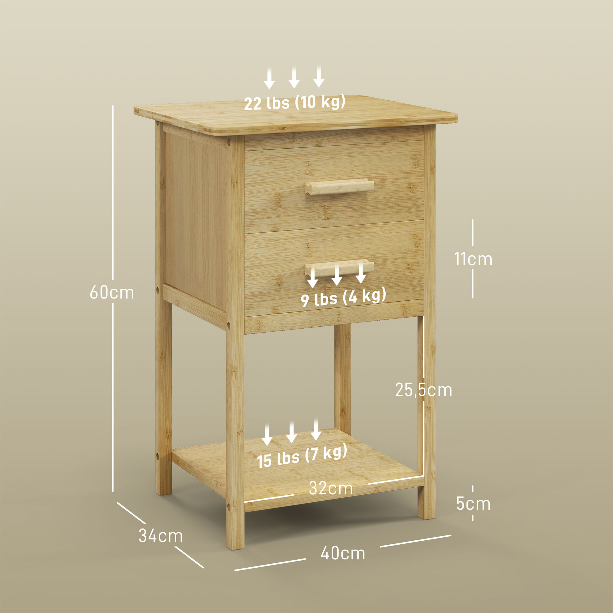 Nachtschrank, 2er-Set, Skandi-Design, Bambus, 2 Schubladen & Regal, 40x34x60cm