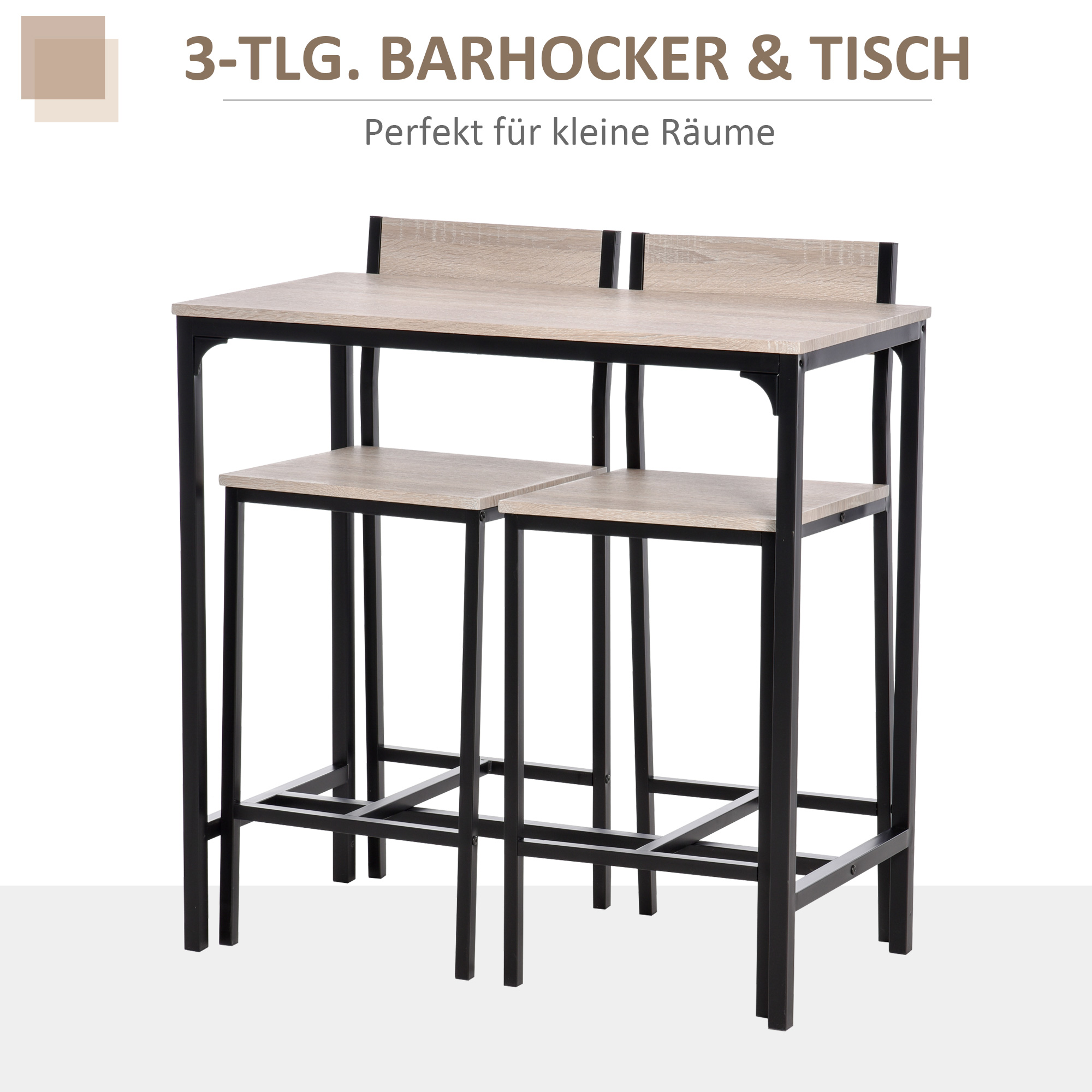 Bartisch Set Bartisch mit Barhocker-Set Esstisch mit 2 Stühlen mit Rückenlehne Küchentisch für Esszimmer, Küche, Natur+Schwarz