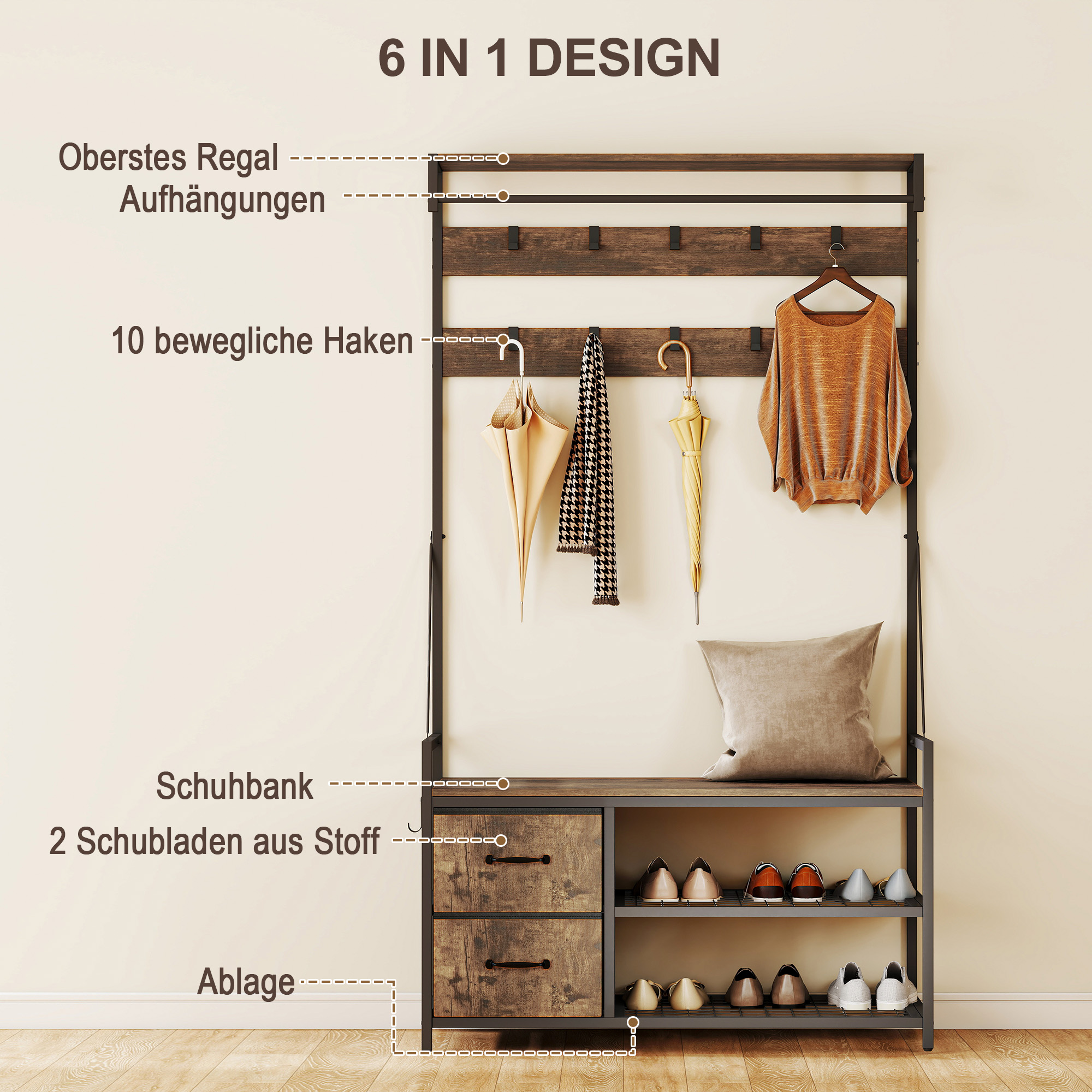 6-in-1 Garderobenständer mit Sitzbank und Schuhregal, Industrie-Stil, 10 Haken, 2 Stoffschubladen, Metall, Braun