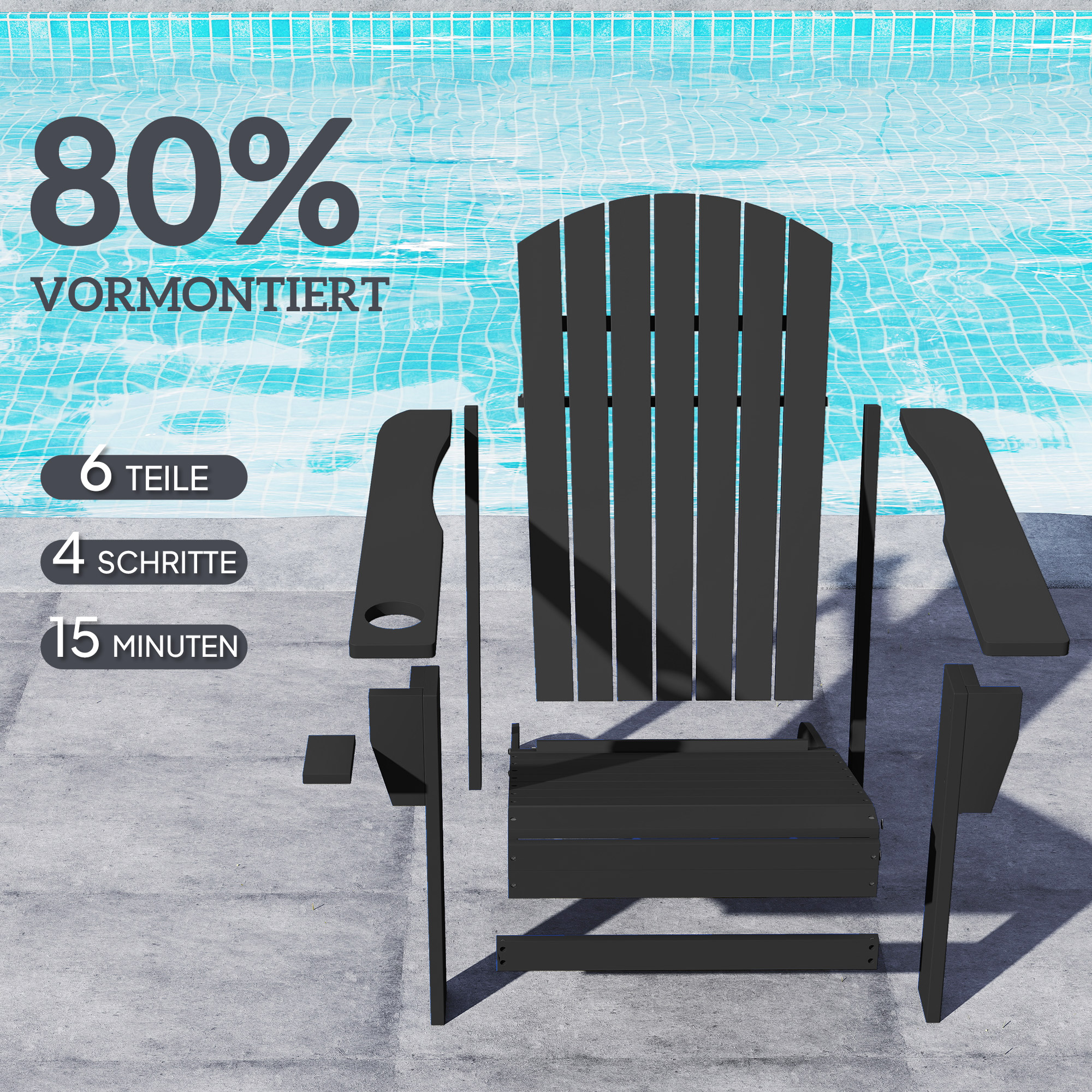 Adirondack-Gartenstuhl mit Becherhalter Gartenliege Balkonstuhl Massivholz Schwarz 72 x 95 x 93 cm