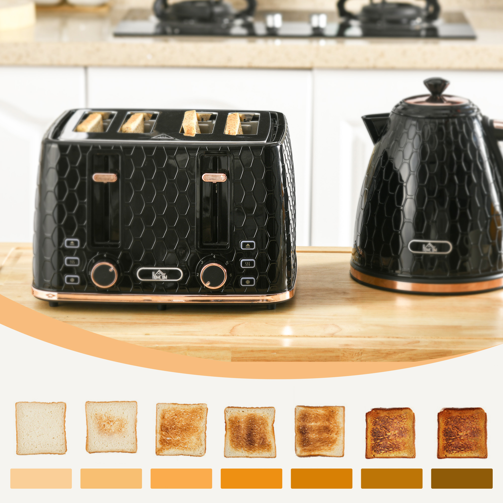 2-in-1 Küchenset, Toaster und Wasserkocher, mehrere Optionen, 1,7 L, 4 Toastscheiben gleichzeitig, Kunststoff, Schwarz