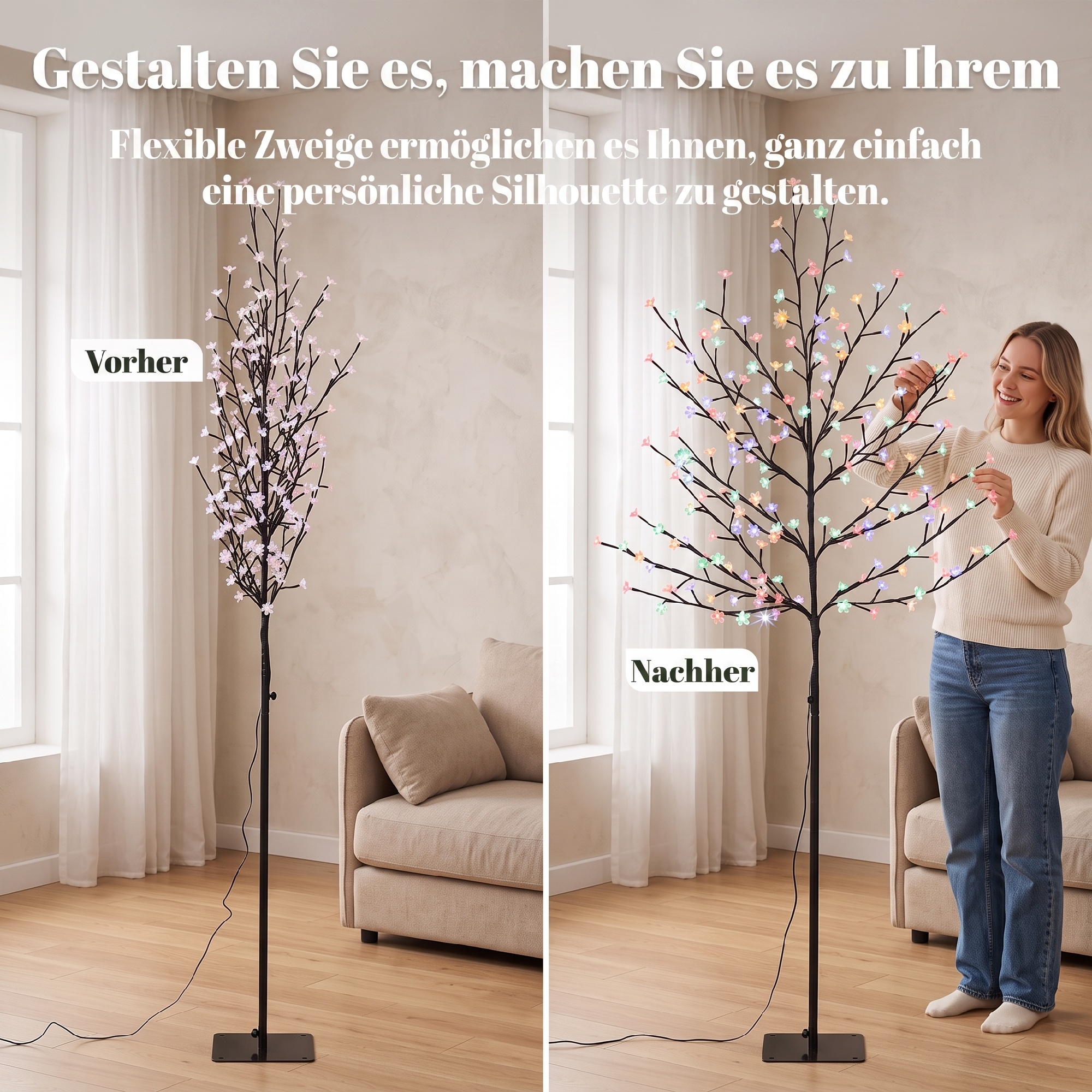 LED-Kirschblütenbaum 180 cm mit 200 LEDs, künstlicher Leuchtbaum mit 20 biegsamen Zweigen, Weihnachtsdeko