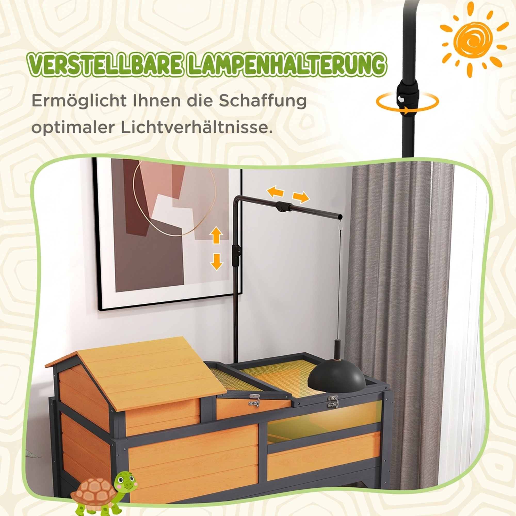 Schildkrötenhaus Holz 2-stöckig Schildkrötengehege mit Regal, Lampenhalterung Haupthaus Acrylfenster Klappdach
