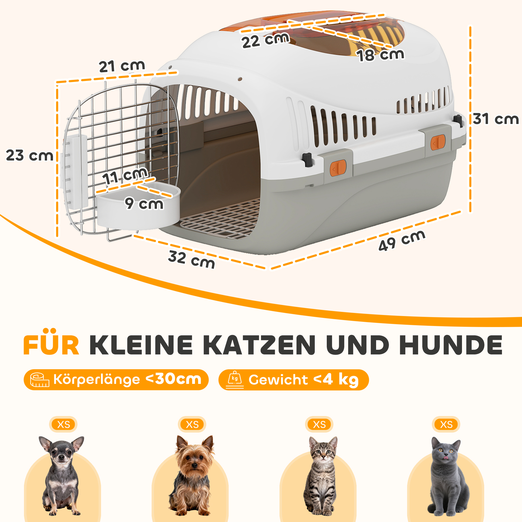 Transportbox Hundetransportbox für Katze Miniaturhunde bis 4kg Hundebox mit Dachöffnung Futternapf 49x32x31cm Hellgrau