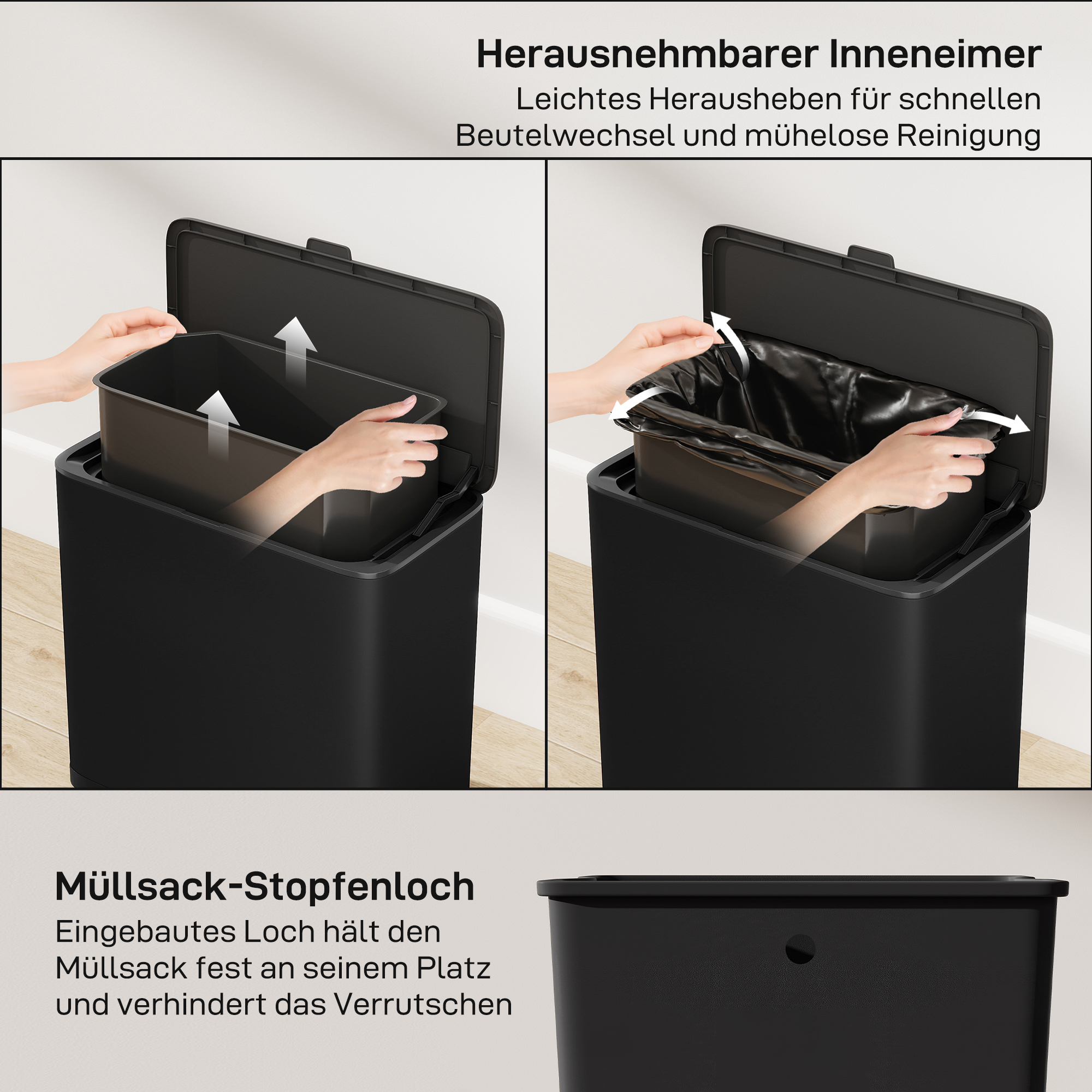 8 L Mülleimer, freistehend oder hängend platzierbar, Edelstahl, Schwarz
