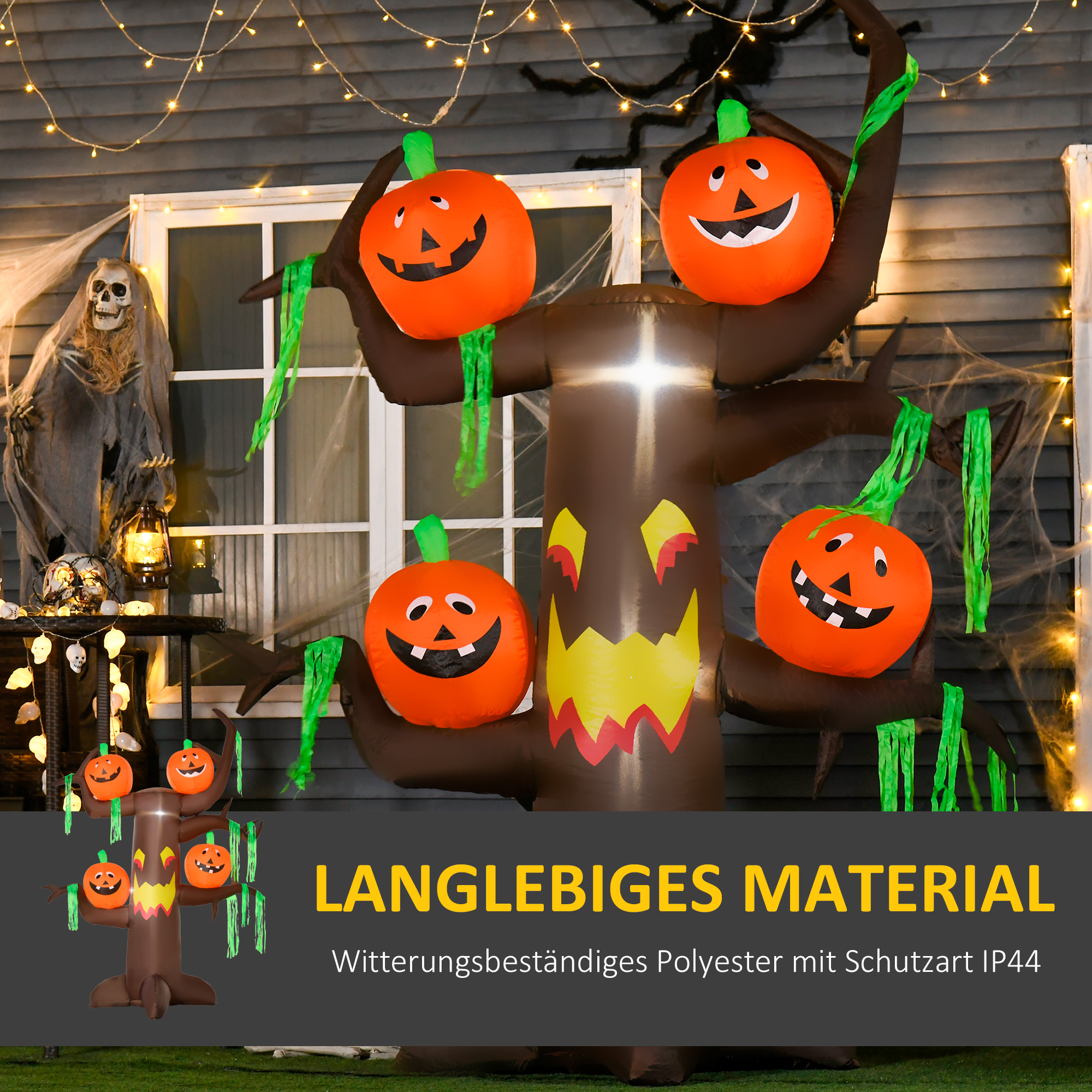 Aufblasbarer Spukbaum Kürbis Halloween Deko Figur Luftfigur mit LED Beleuchtung, Polyester, 180x80x240cm