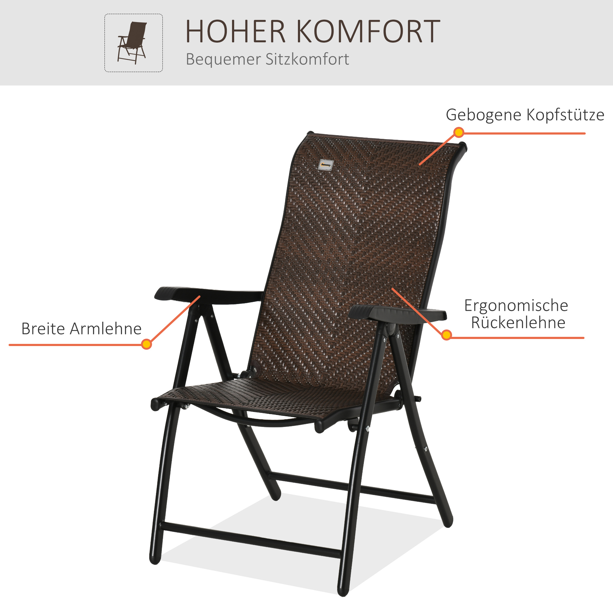 Polyrattan Gartenstuhl Klappstuhl mit 7-Fach Verstellbarer Rückenlehne wetterfester klappbar Balkonstuhl Campingstuhl 120kg Belast Gartenstühle für Garten, Balkon 58x71x111cm Braun+Schwarz