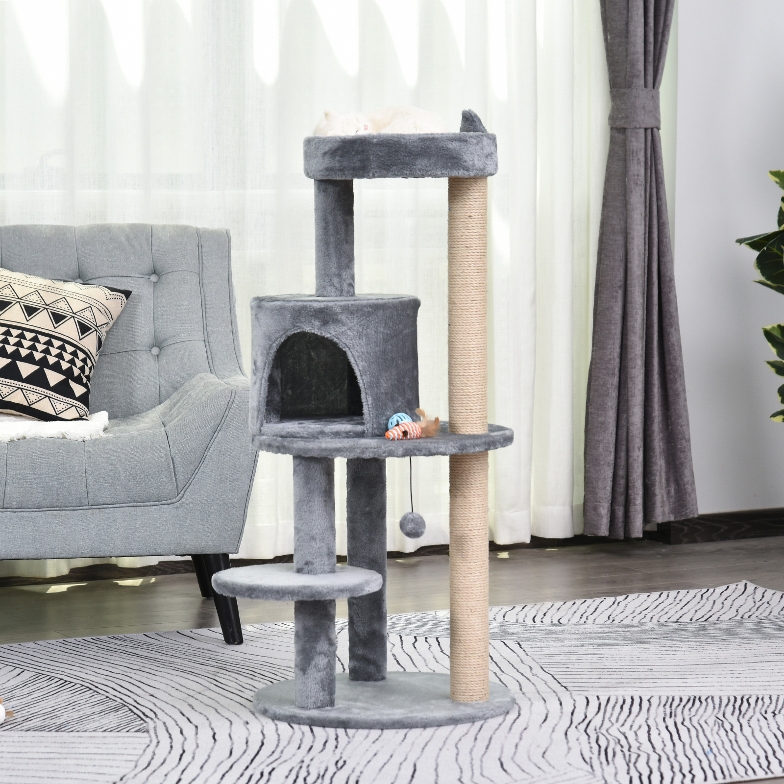 Katzenbaum 4-Stock Katzenhöhle Katzenhaus mit Spielbällen Sitzstange Sisalsäule und Kratzbrett groß stabil luxuriös Sisal Plüsch Grau 48x48x104 cm