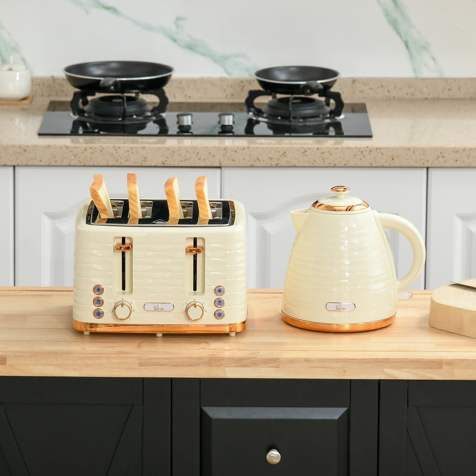 2-in-1 Toaster- und Wasserkocher-Set, 7 Bräunungsstufen, Auftau- und Aufwärmfunktion, Beige
