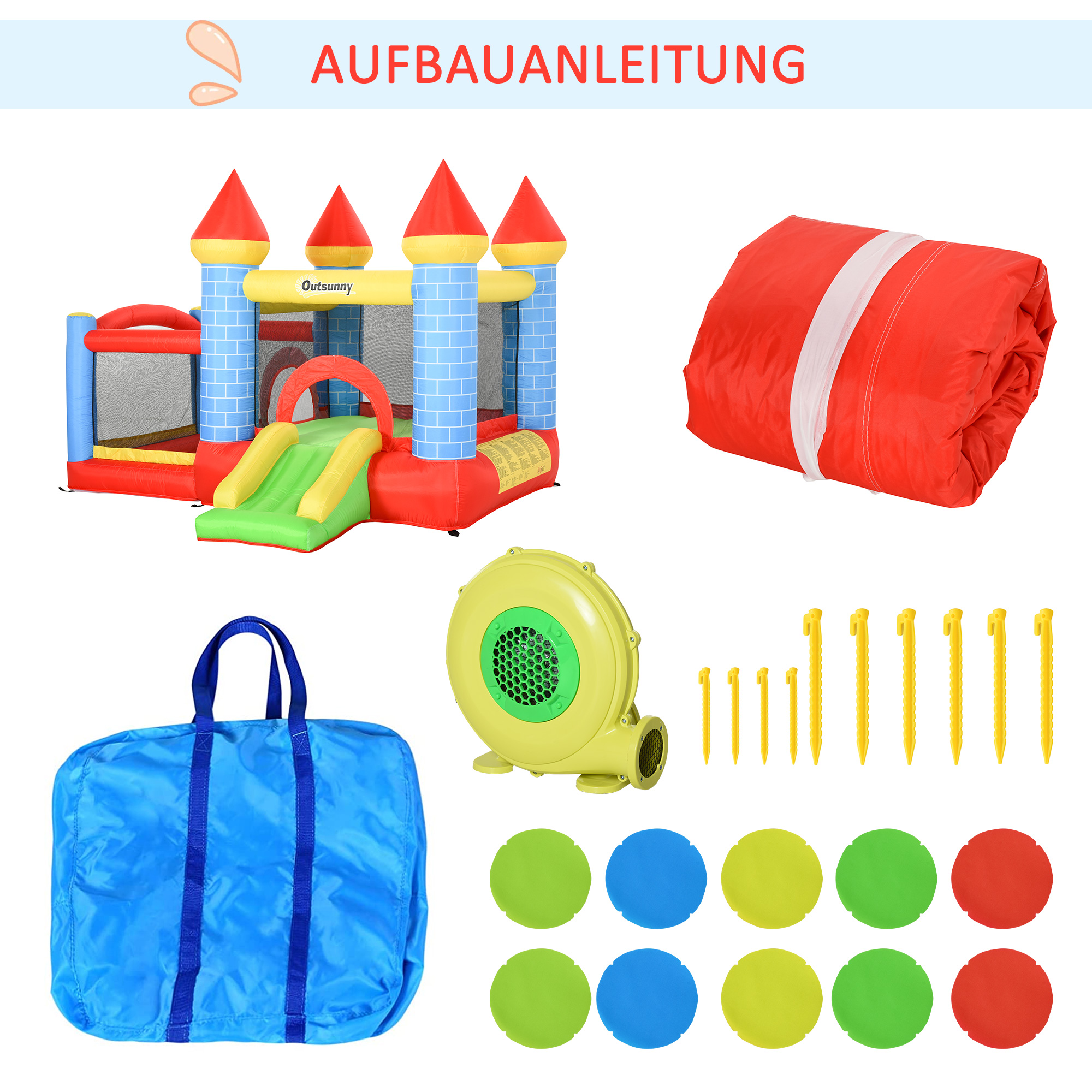 Aufblasbare Hüpfburg mit Rutsche Pool für 3 Kinder Burg mit Gebläse für 3-8 Jahre Rot+Blau+Grün 280 x 260 x 210 cm