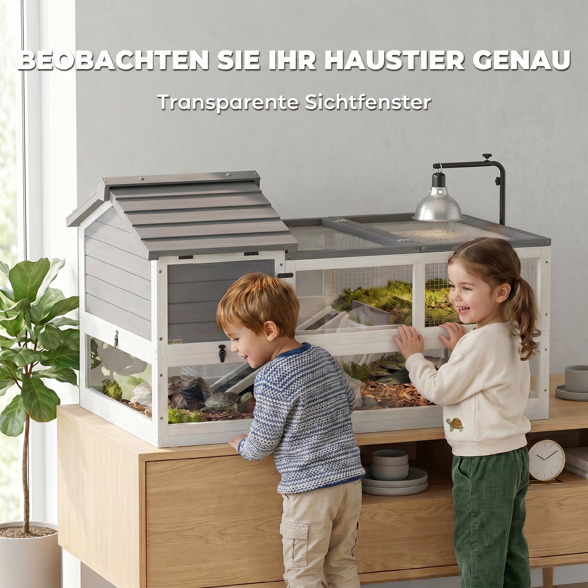 Schildkrötenhaus aus Holz, Schildkrötengehege mit 2 Haupthäusern, aufklappbarer Oberseite, Lampenhalter, grau