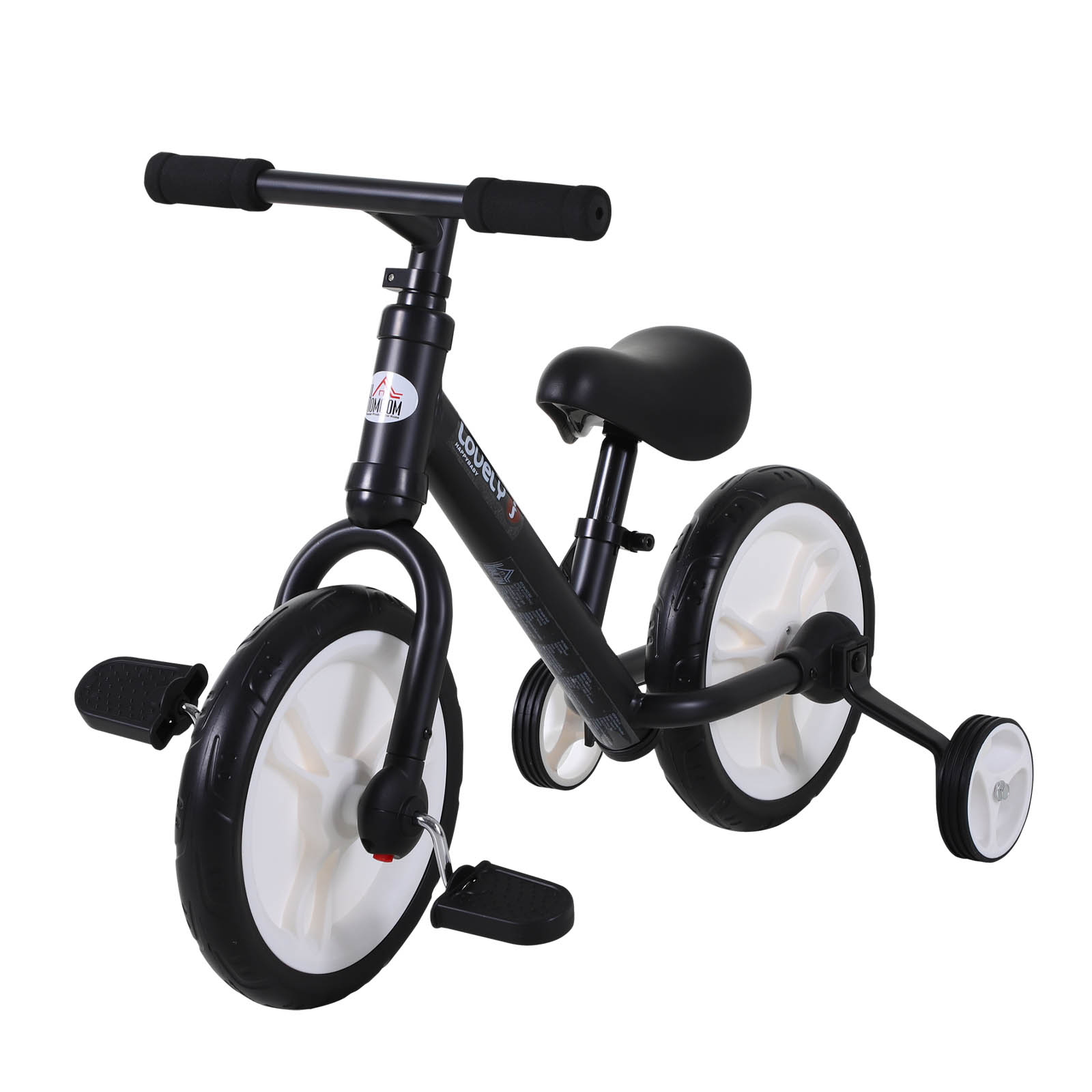 Kinder Laufrad, Lauflernrad, Kinderfahrrad, 2-in-1, Kinderrad mit Stützrädern und Pedalen, 2-5 Jahre, Sitzhöhenverstellbar, PP, Schwarz, 85 x B36 x H54 cm