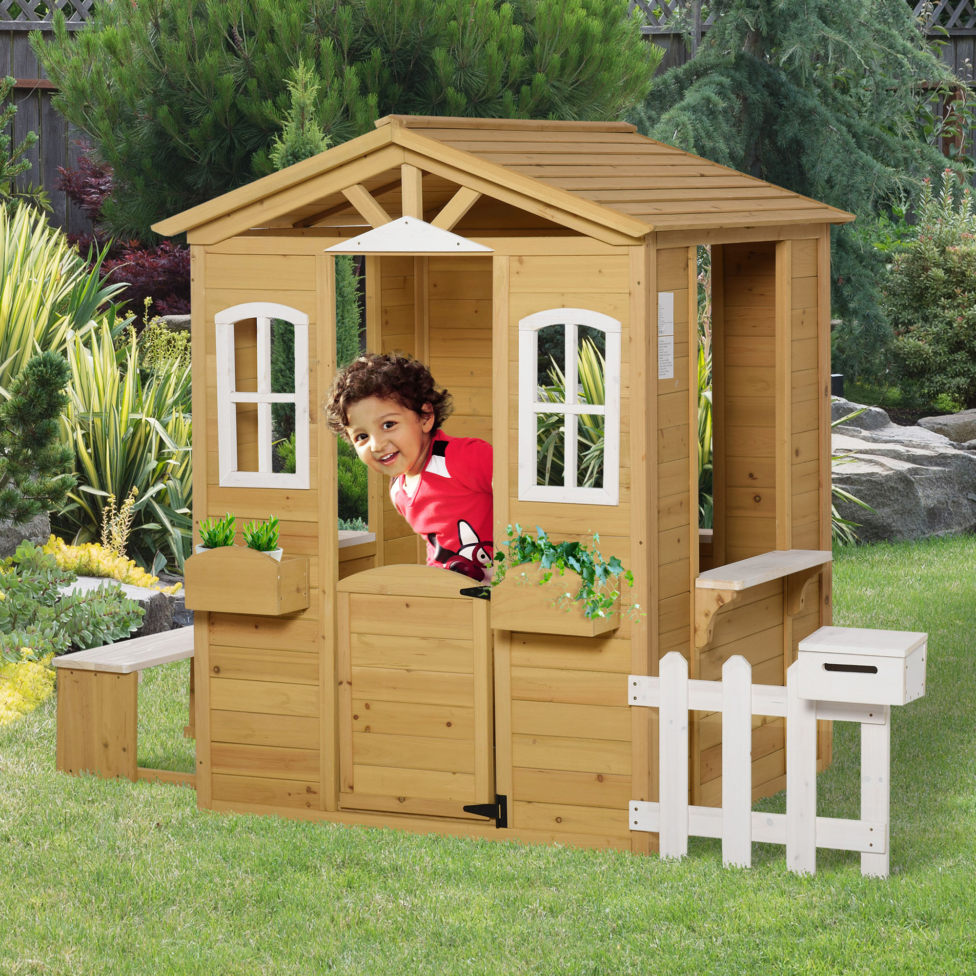 Kinderspielhaus aus Holz Spielhaus Outdoor mit Tür, Fenster und Pflanzkasten Briefkasten Bank für Kinder 3-6 Jahre