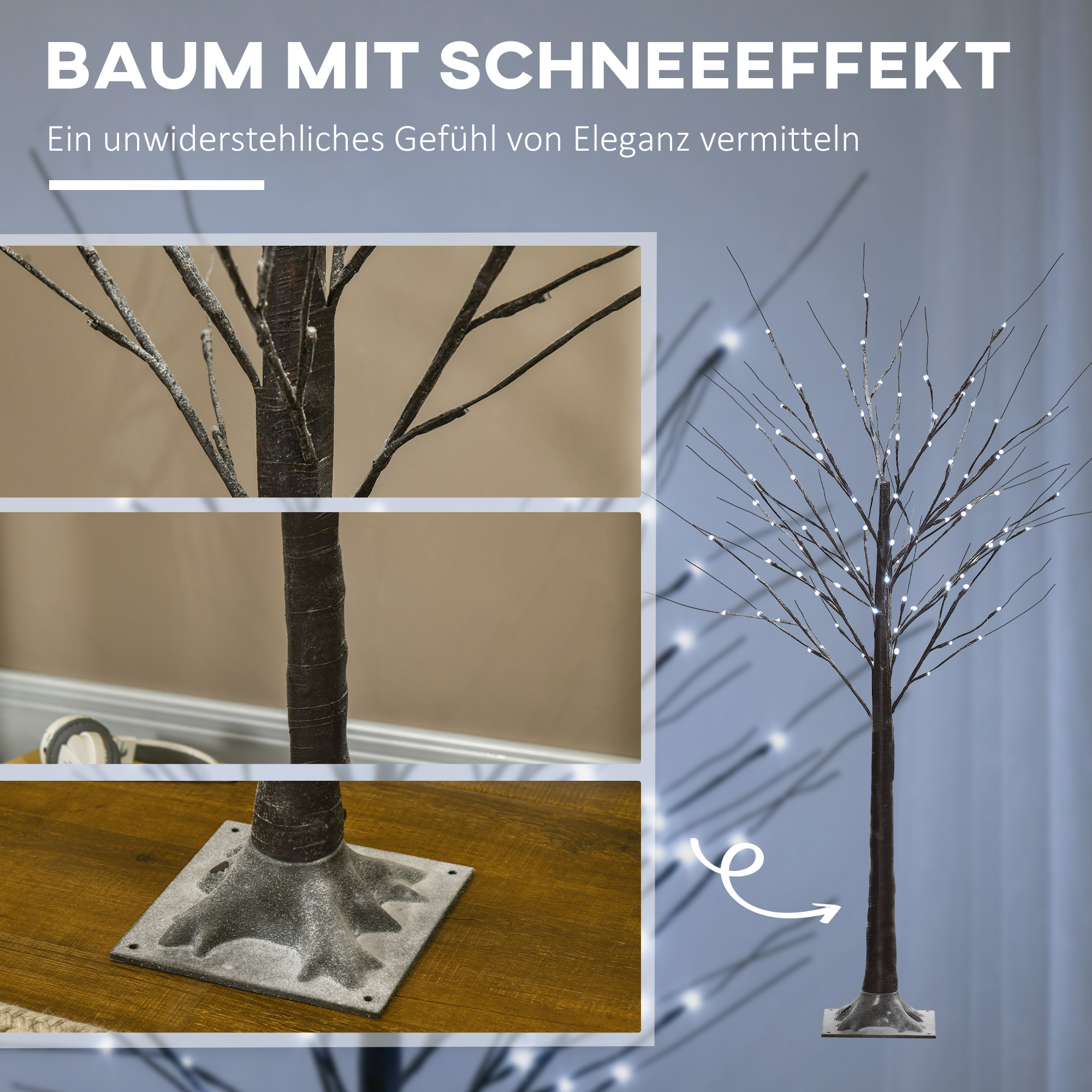 Künstliche Birke mit LED-Beleuchtung, 96 warmweiße Mikro-LEDs, 150 cm, Braun