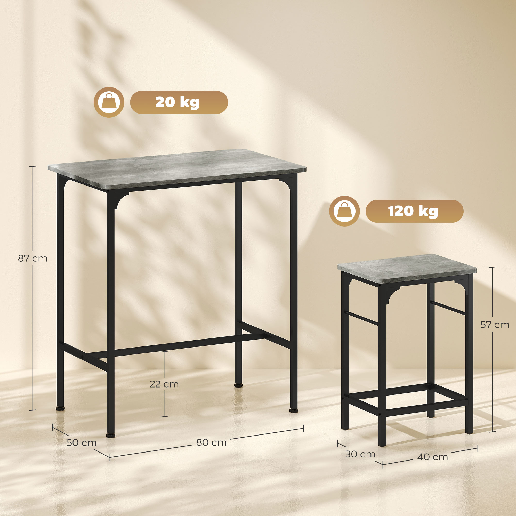 Bartisch Set Bartisch mit Barhocker-Set Esstisch mit 2 Stühlen mit Rutschfestem Fußpolster Grau