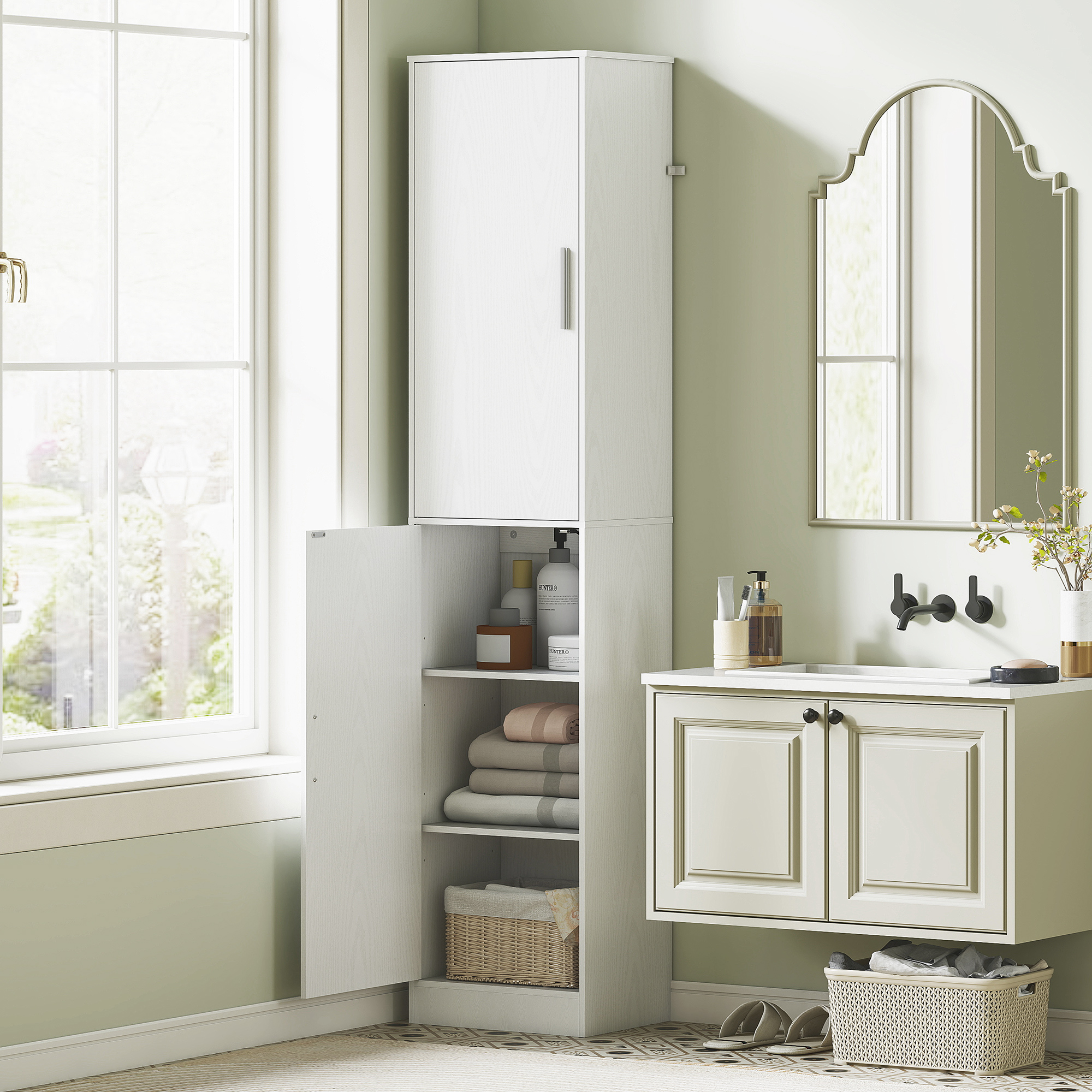 180 cm hoher Badezimmerschrank, schmaler Badschrank mit 2 Türen, 4 verstellbare Regale, Spanplatte, MDF, Weiß
