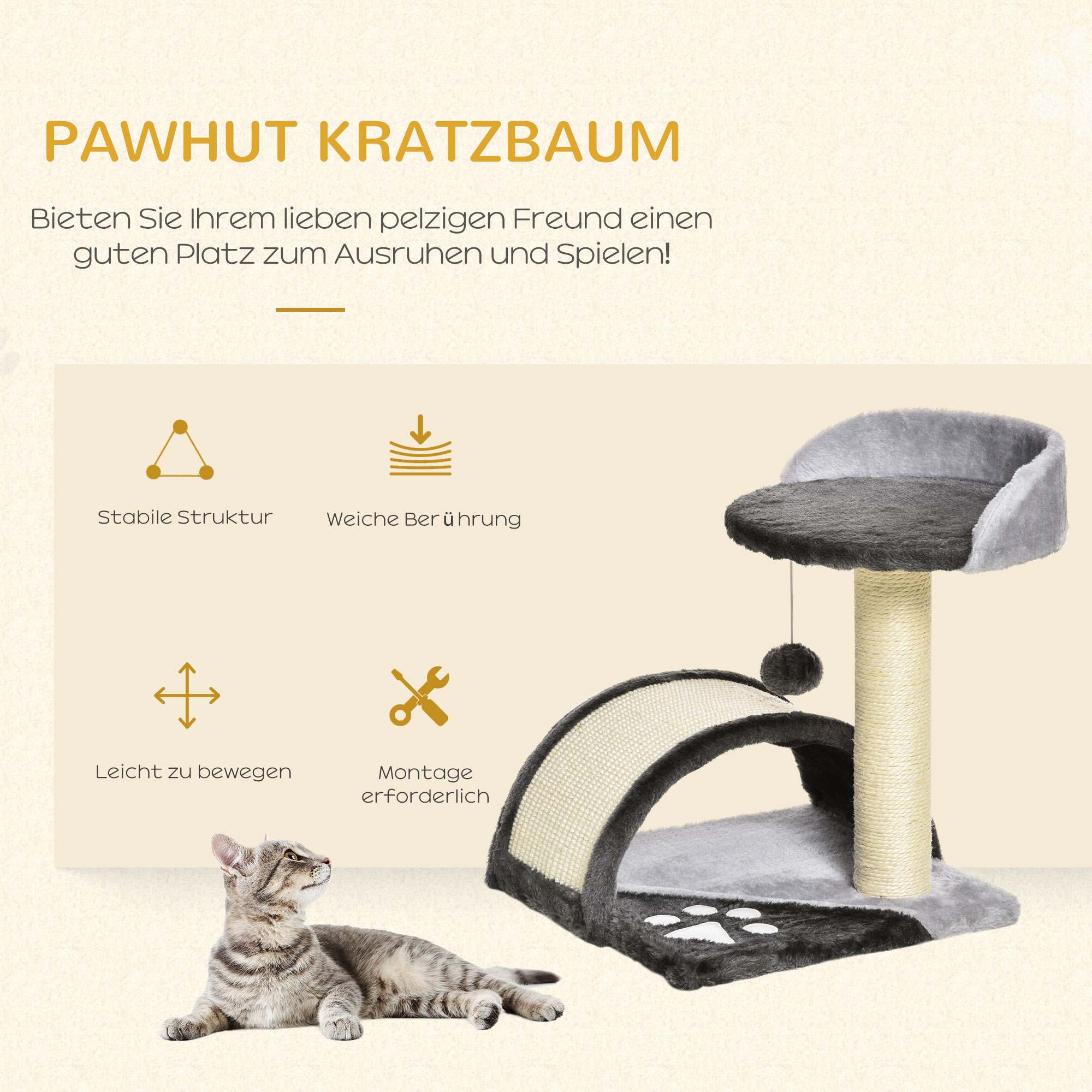 Kratzbaum 46 cm Kleiner Katzenturm mit Höhle, Spielball, Sisal-Seil, erhöhter Plattform, Katzenkratzbaum, Kletterbaum, für Katzen bis zu 4 kg, Dunkelgrau