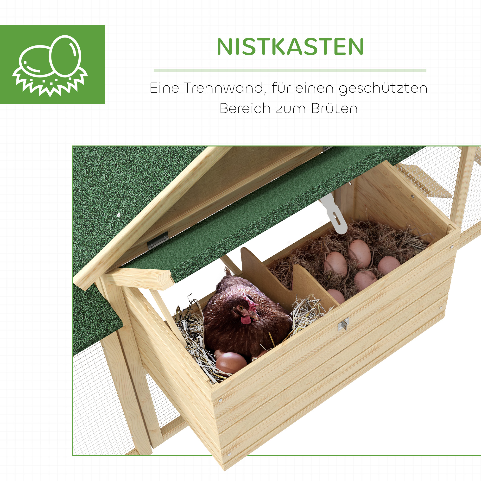 Hühnerstall mit Freigehege, inkl, Nistkasten, Rampe und Bodenwanne Tannenholz Naturholz
