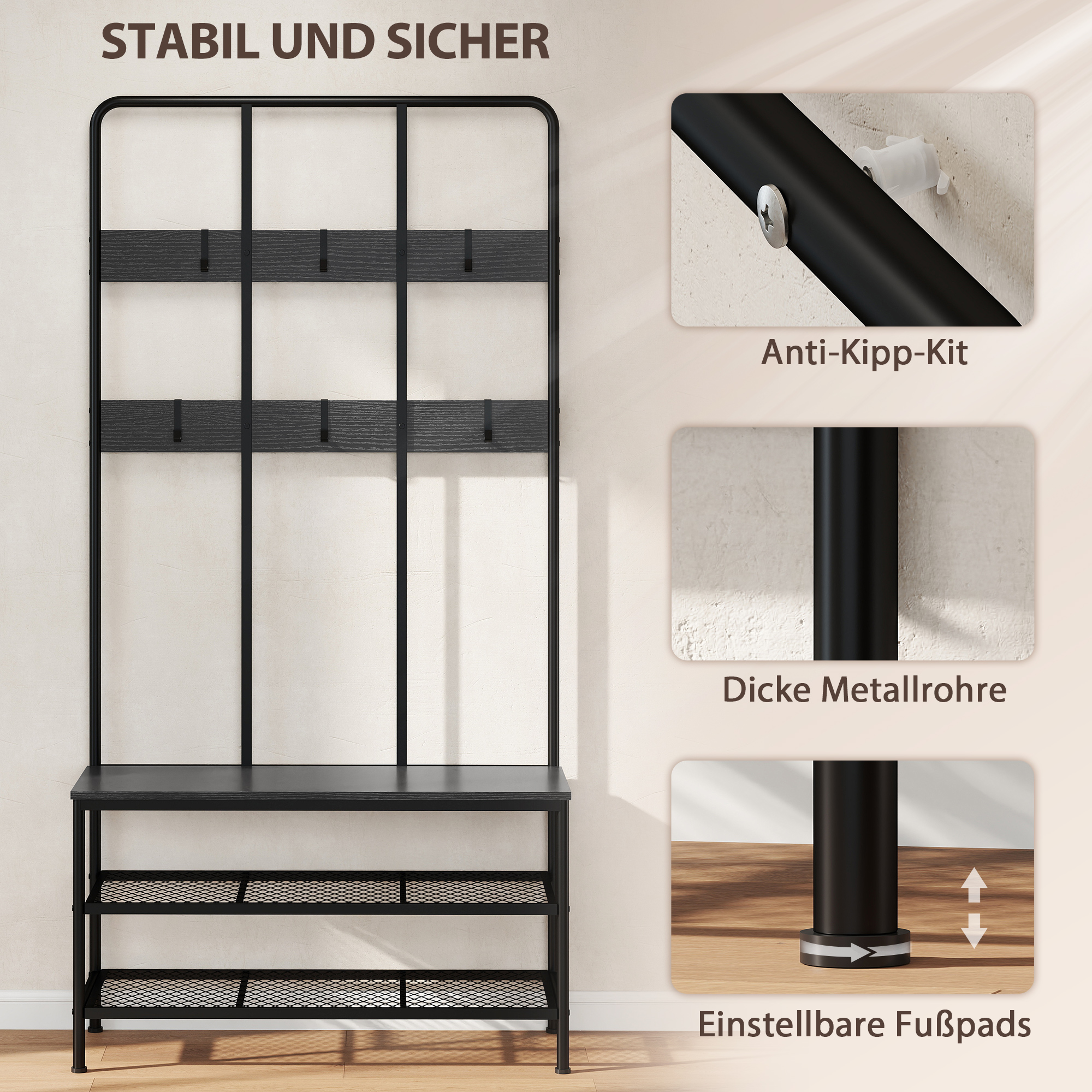 3-in-1 Garderobenständer, Kleiderhaken, Sitzbank, Schuhregal, Metall, Spanplatte, Schwarz
