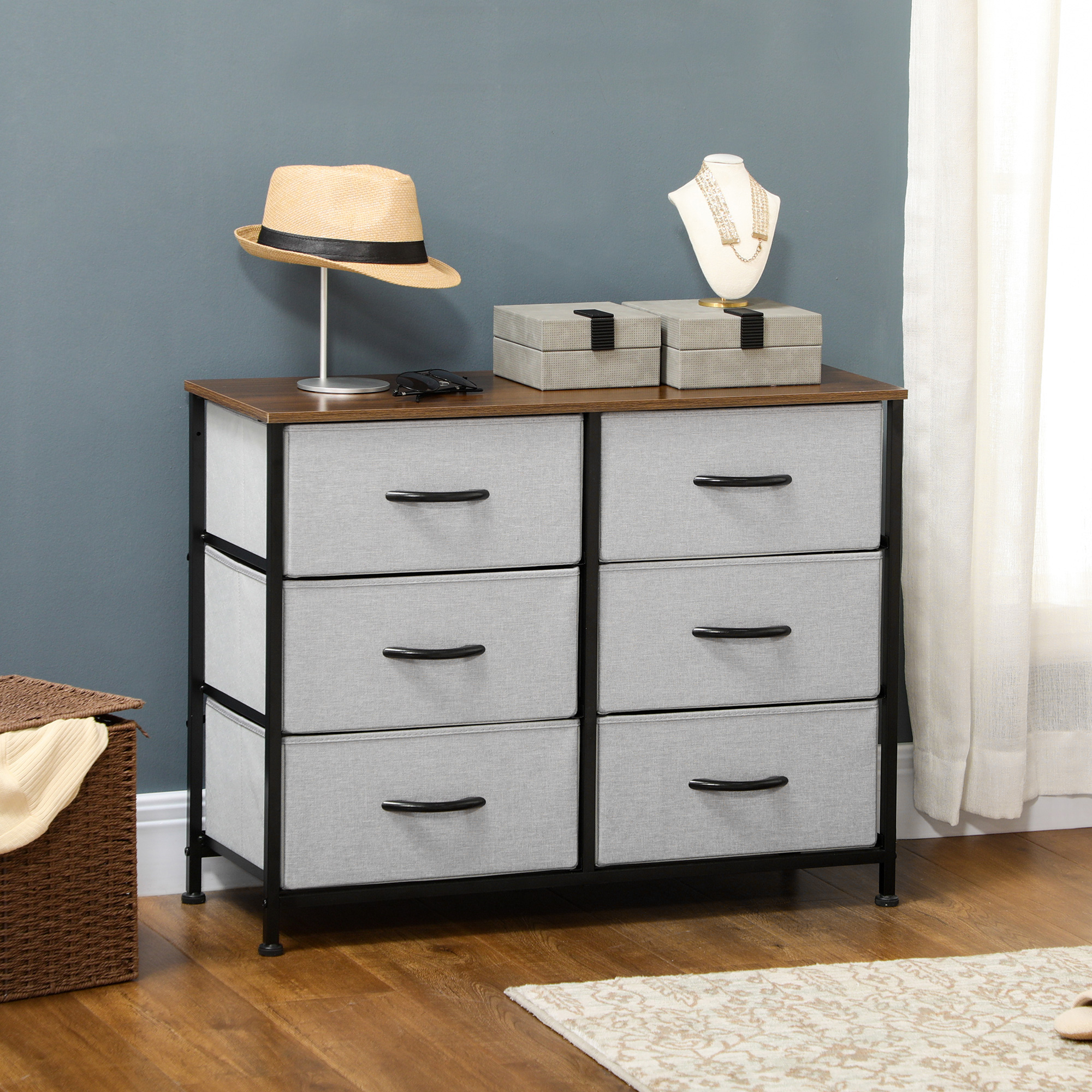 Kommode Sideboard, 6 Schubladen, Stoffschubladen, 80 cm x 30 cm x 62,5 cm, Braun + Schwarz + Grau