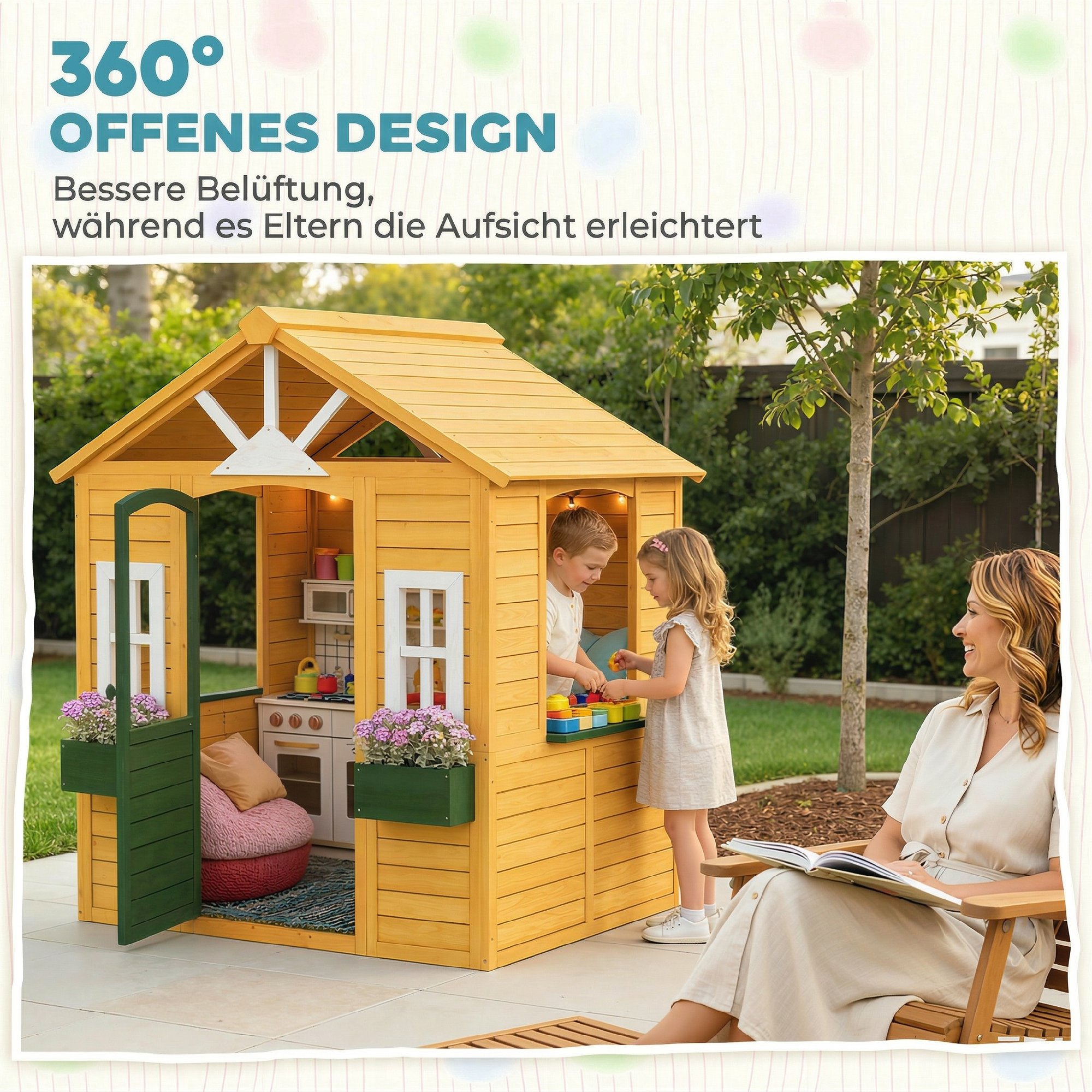 Kinderspielhaus Holz Spielhaus Outdoor mit Tür 3 Fenster 2 Blumenkästen für 3-8 Jahre Kinder 134,5 x 97 x 150 cm Braun