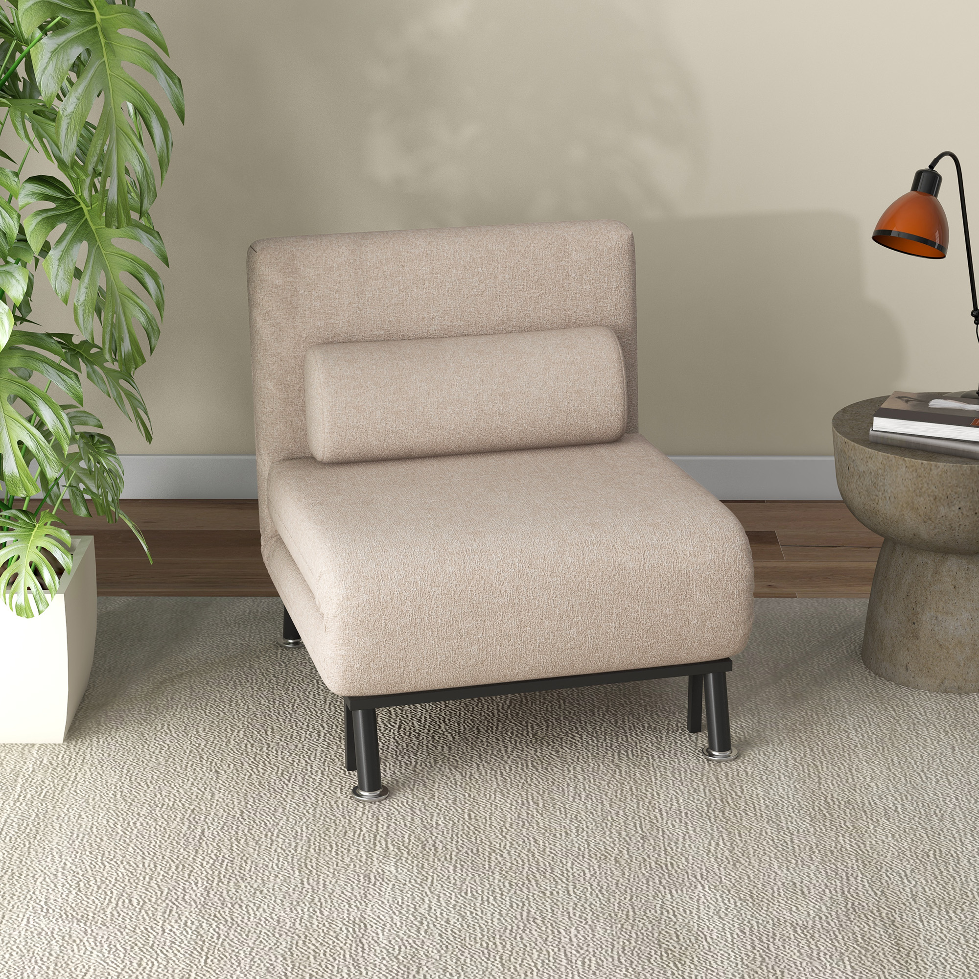 Klappsessel mit Bettfunktion, klappbarer Relaxsessel in Leinenoptik, Verstellbare Rückenlehne, 75 x 70 x 75 cm, Beige