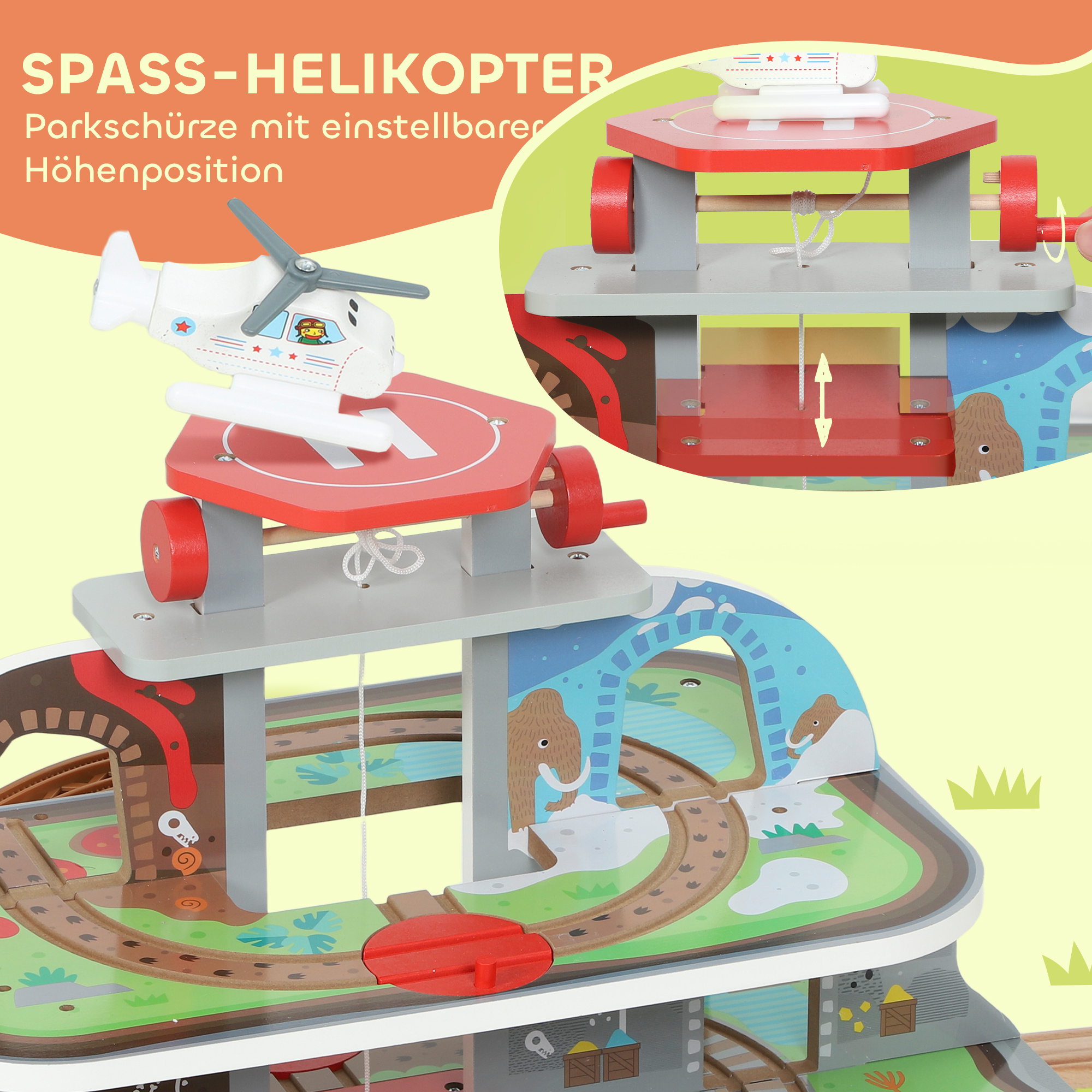 Eisenbahnset aus Holz, 79 Teile, 4 Ebenen, Aufzug, Kran, erweiterbar, Bunt