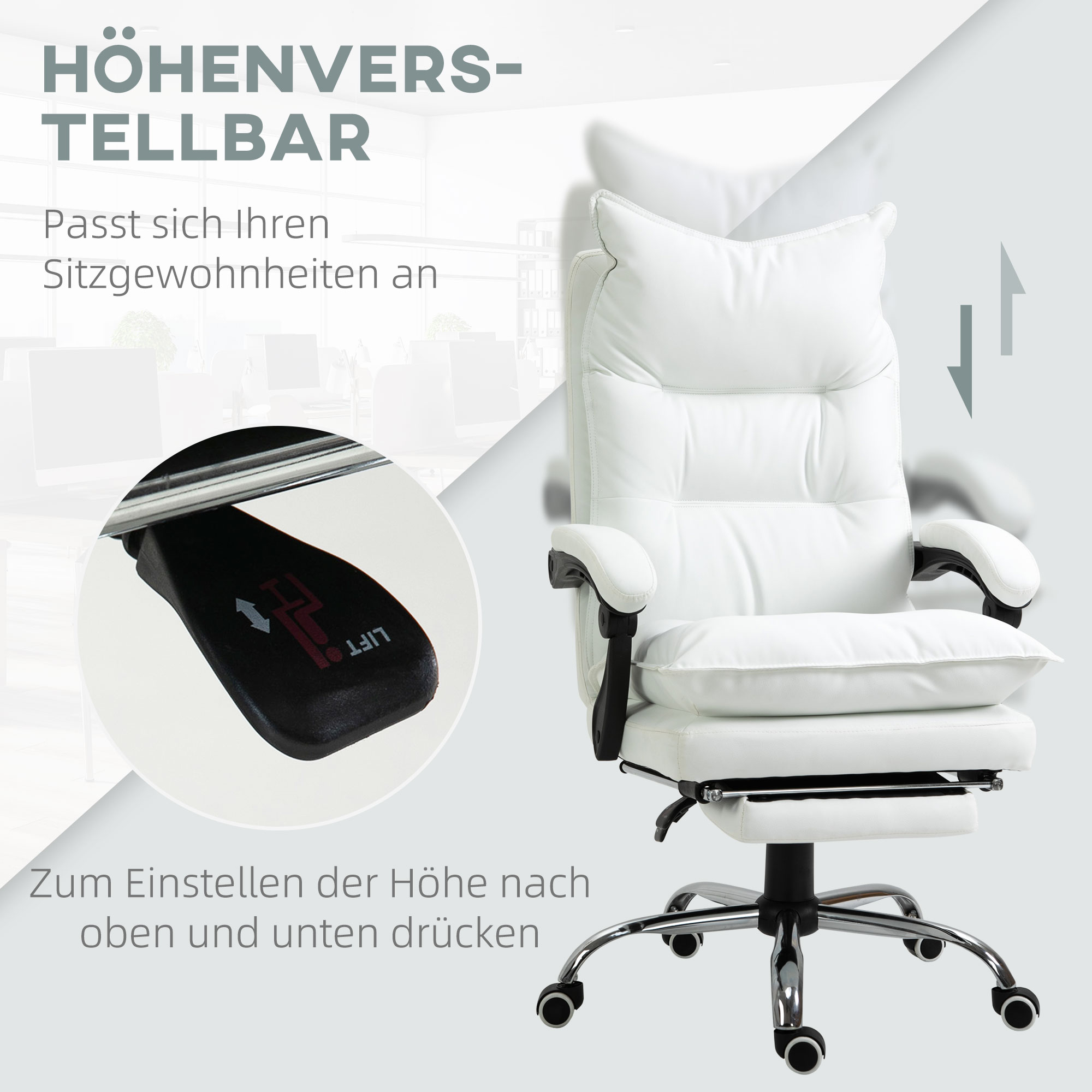 Bürostuhl mit Liegefunktion, ergonomisch höhenverstellbar  mit Fußstütze, gepolstert, bis 135 kg belastbar, 66 x 72 x 122-130 cm, Weiß