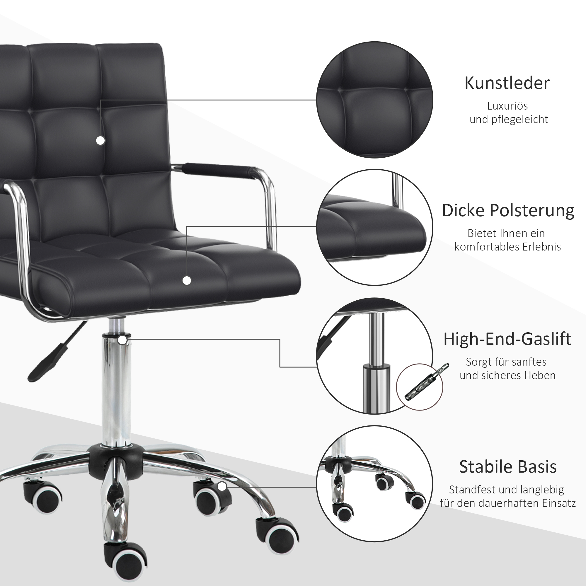 Bürostuhl im Retrodesign, höhenverstellbar, 5 Rollen, 52,5 cm x 54 cm x 99 cm, Schwarz