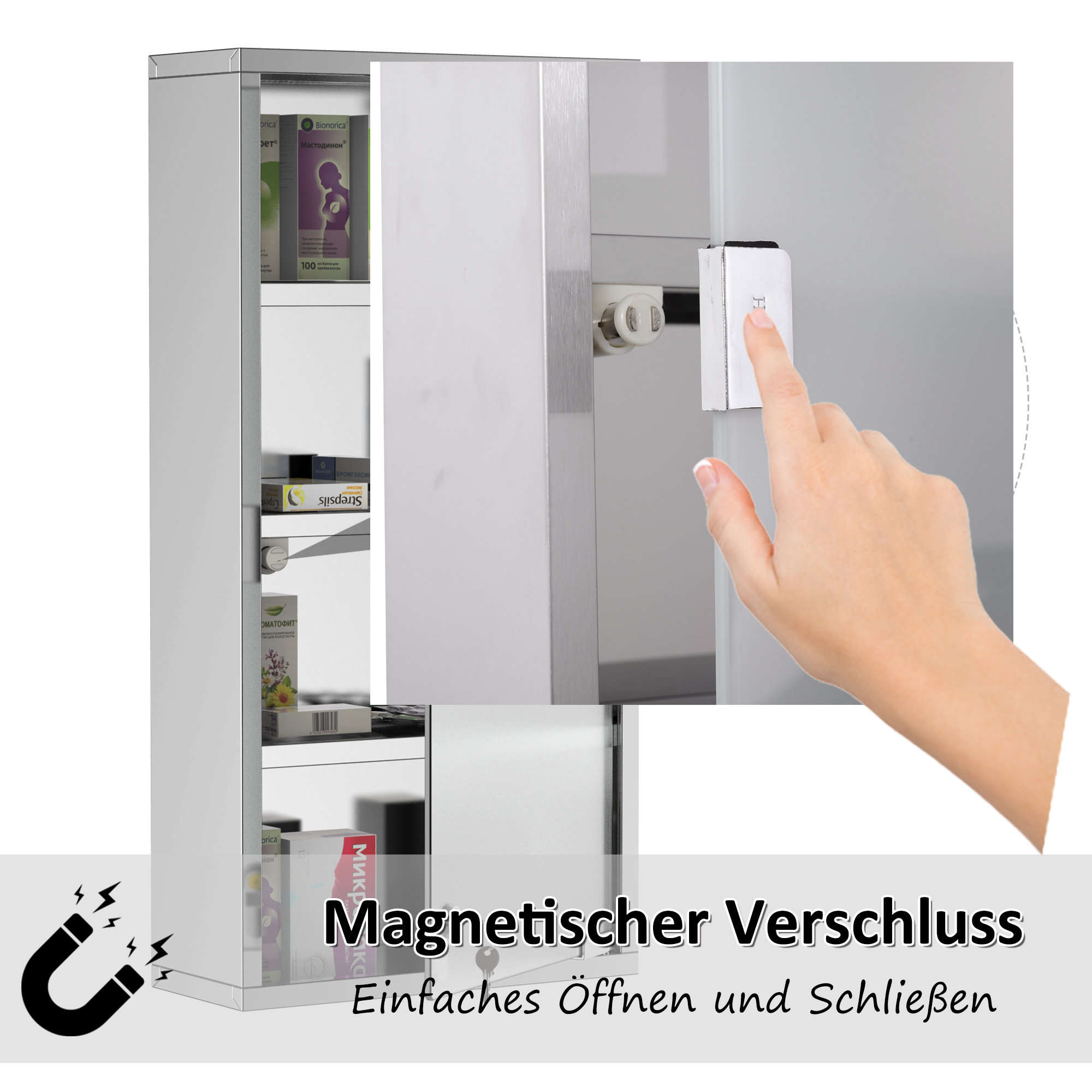 Medizinschrank Arzneischrank aus Edelstahl, Abschließbar Medikamentenschrank mit 4 Fächern, Glastür Apothekerschrank zur Medikamenten-Aufbewahrung, 30 x 12 x 60 cm