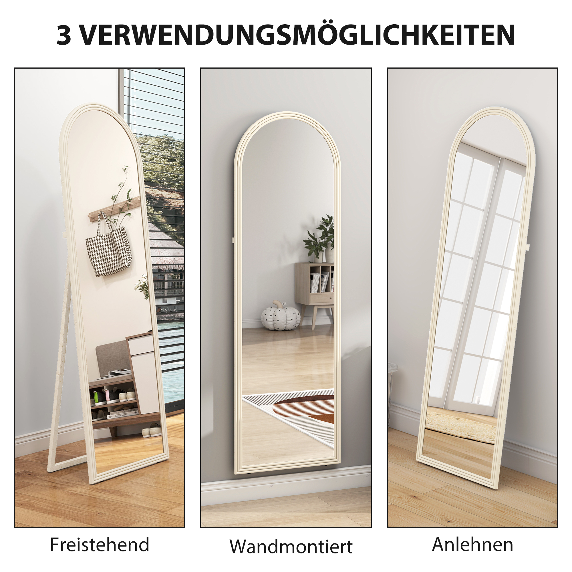 Ganzkörperspiegel, 50 x 160 cm, freistehend, Wandmontage, Bogenrahmen, Weiß