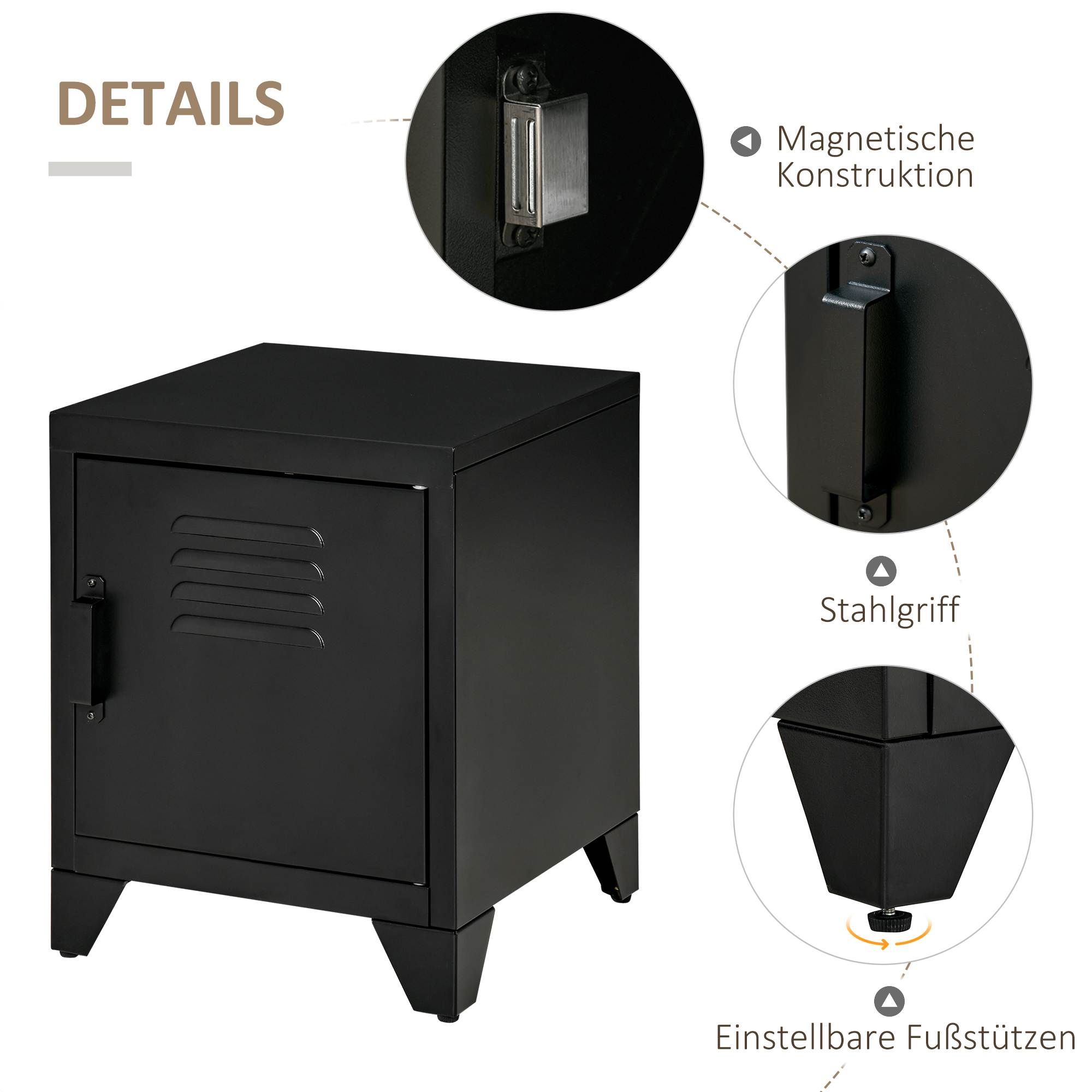 Nachttisch, Beistelltisch mit verstellbarem Regal, Tür, Nachtschrank für Schlafzimmer, Wohnzimmer, Metall, Schwarz, 50 x 40 x 47,5 cm